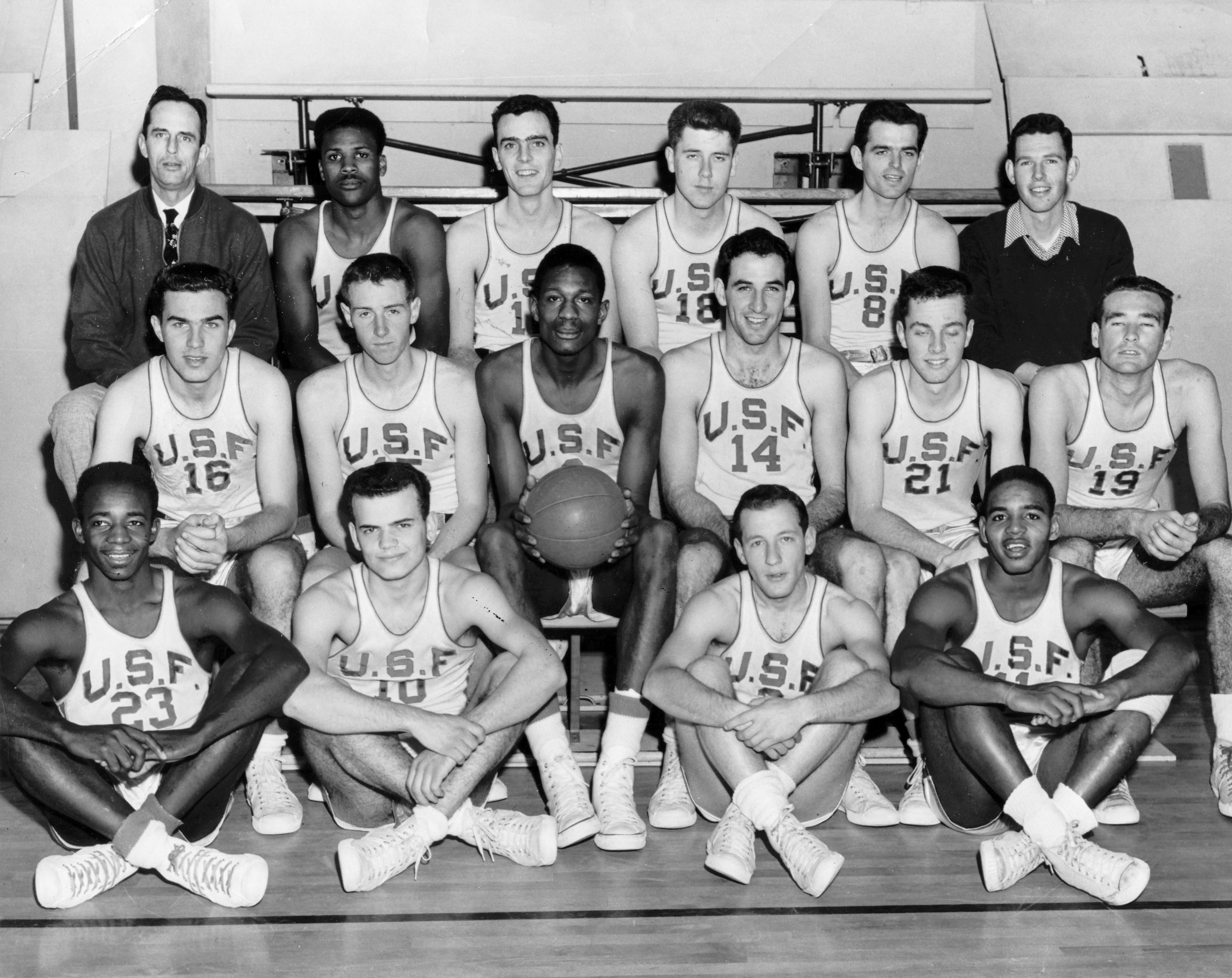 The 1955-56 University of San Francisco Dons, led by Bill Russell (middle row, center) became the first team in NCAA history to go undefeated, finishing 29-0. The San Francisco Chronicle called them “the finest undergraduate team since Naismith first hung the peach basket.”