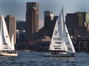 Nothnagle’s sailboat was framed by Boston’s skyline during a recent practice run.