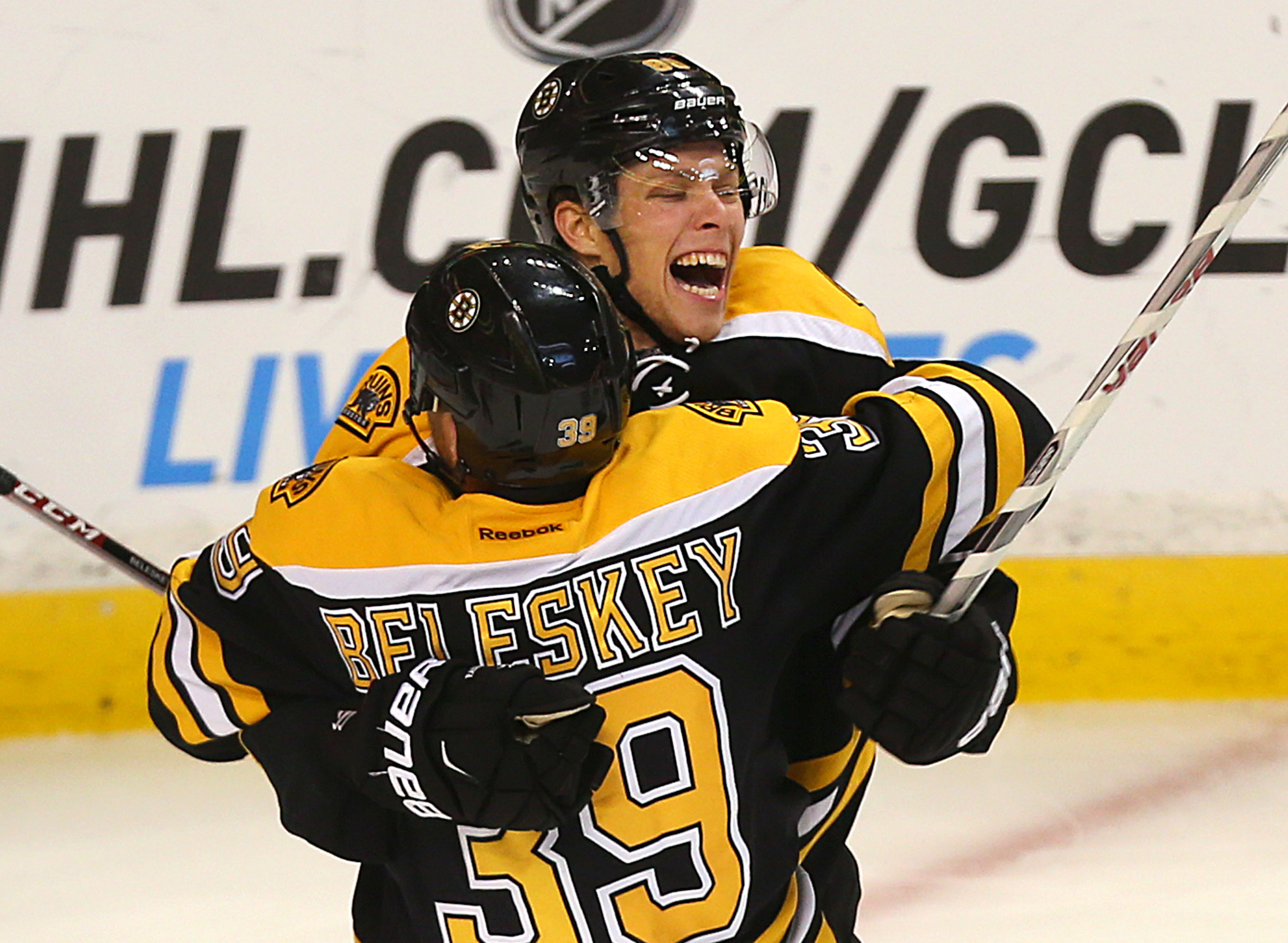 Matt Beleskey and David Pastrnak celebrated Beleskey’s second-period goal, which cut the Canadiens’ lead to 3-1.
