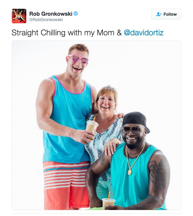 Rob Gronkowski with his mom and David Ortiz in a photo posted on Twitter.