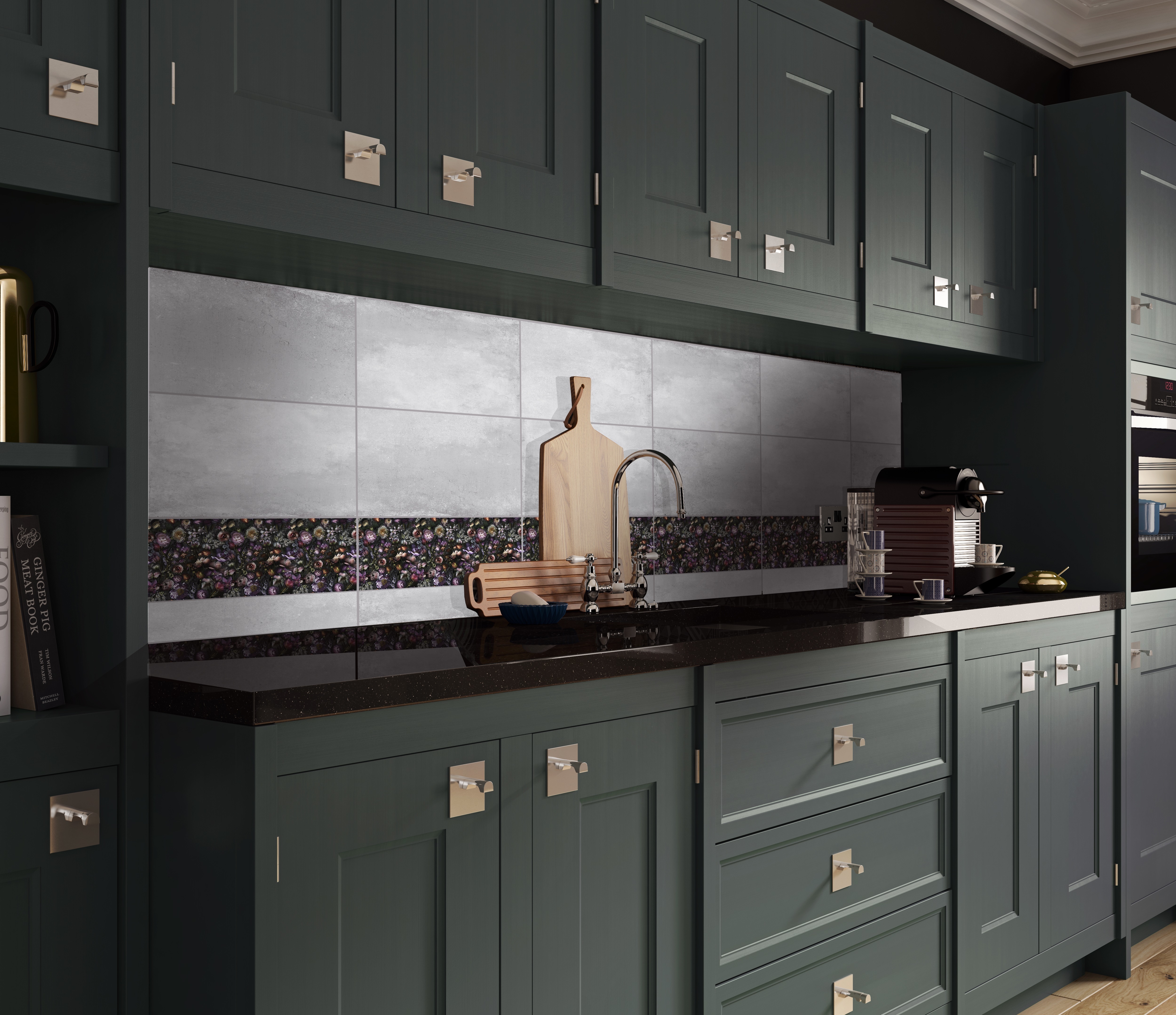 This kitchen combines two of 2017’s most interesting decor trends — moody hues and dramatic florals, including Ted Baker’s “Shadow Floral” glass-tile backsplash.