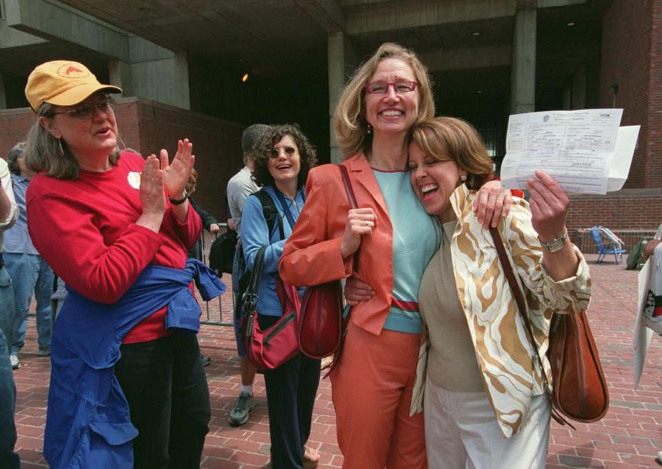 Janet Deegan (left) and Constance Cervone displayed their newly granted marriage license.