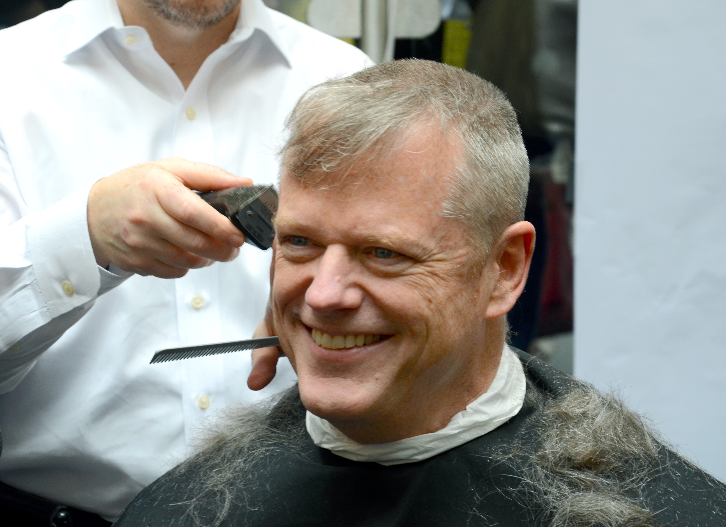 Baker’s hair was mostly shorn off.