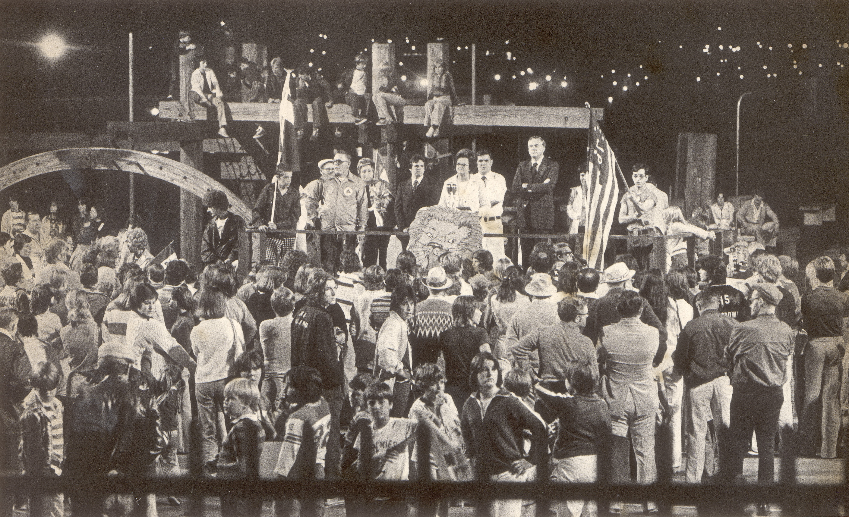 Louise Day Hicks (wearing white, standing at microphone) spoke at an anti-busing rally in 1978 at Doherty playground in Charlestown.