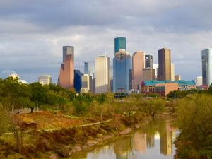 A view of downtown Houston from Buffalo Bayou Park.