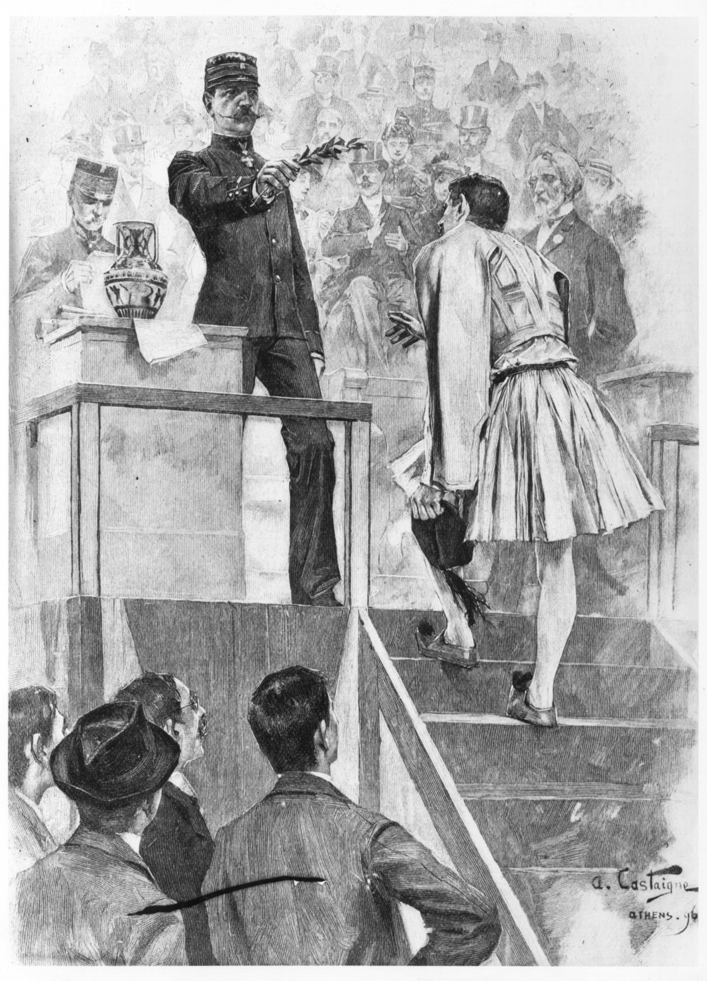 Greece’s King George I presenting victory laurels to marathon hero Spiridon Louis.