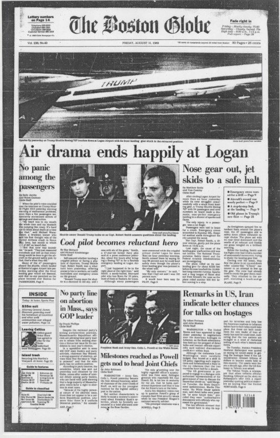 The front page of The Boston Globe after the August 1989 incident.
