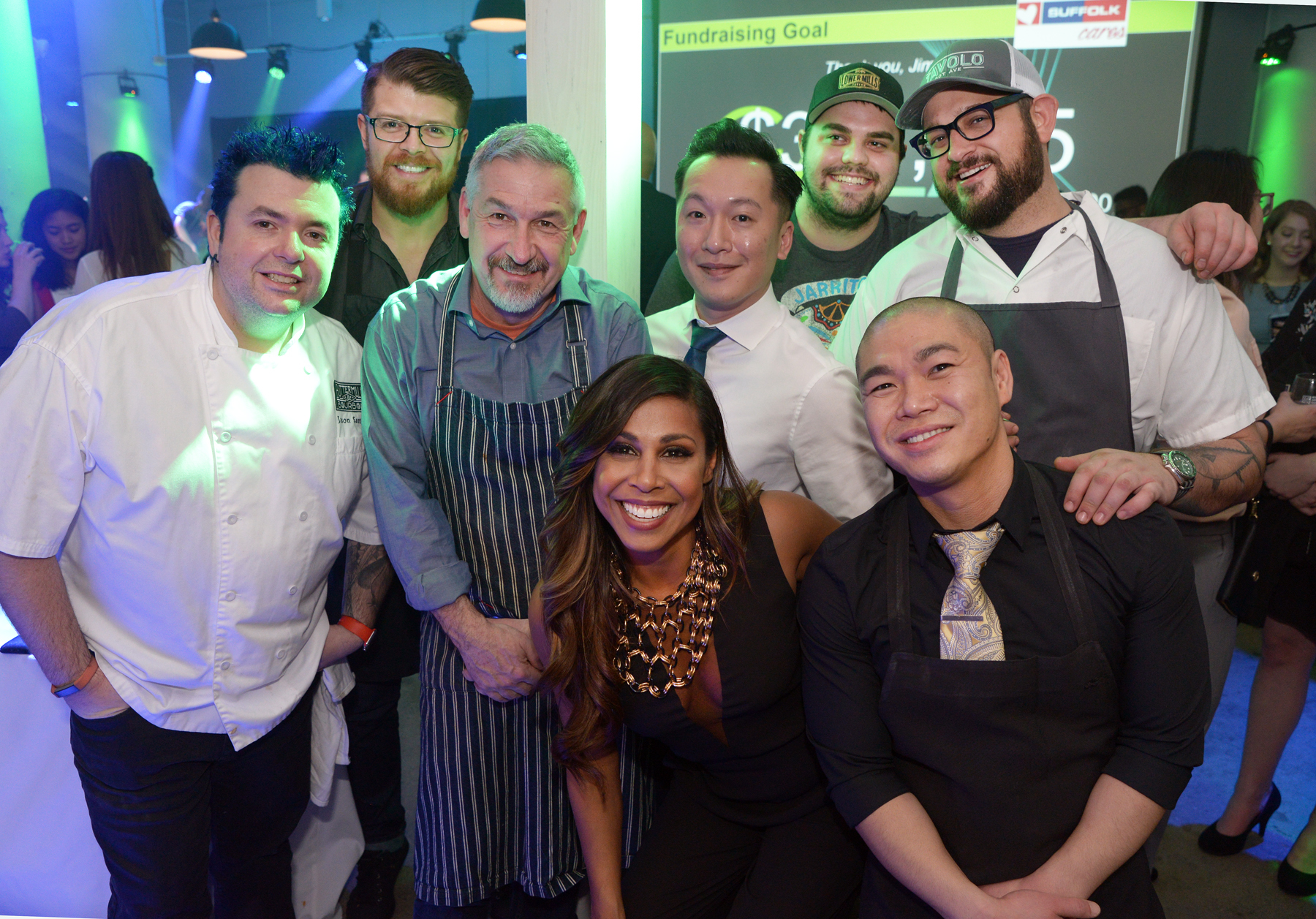 Gala co-chair and BAC alumna Taniya Nayak (in front) with chef Ming Cao (in front) from Fuji, and (from left) chef Jason Santos from Abby Lane and Back Bay Harry’s, Jon Mendez, managing partner of Saloniki Greek, chef Chris Douglass from Tavolo and Ashmont Grill, chef Jimmy Liang from Fuji, chef Colton Colburn-Wood from Lower Mills Tavern, and chef Alex Horowitz from Tavolo.