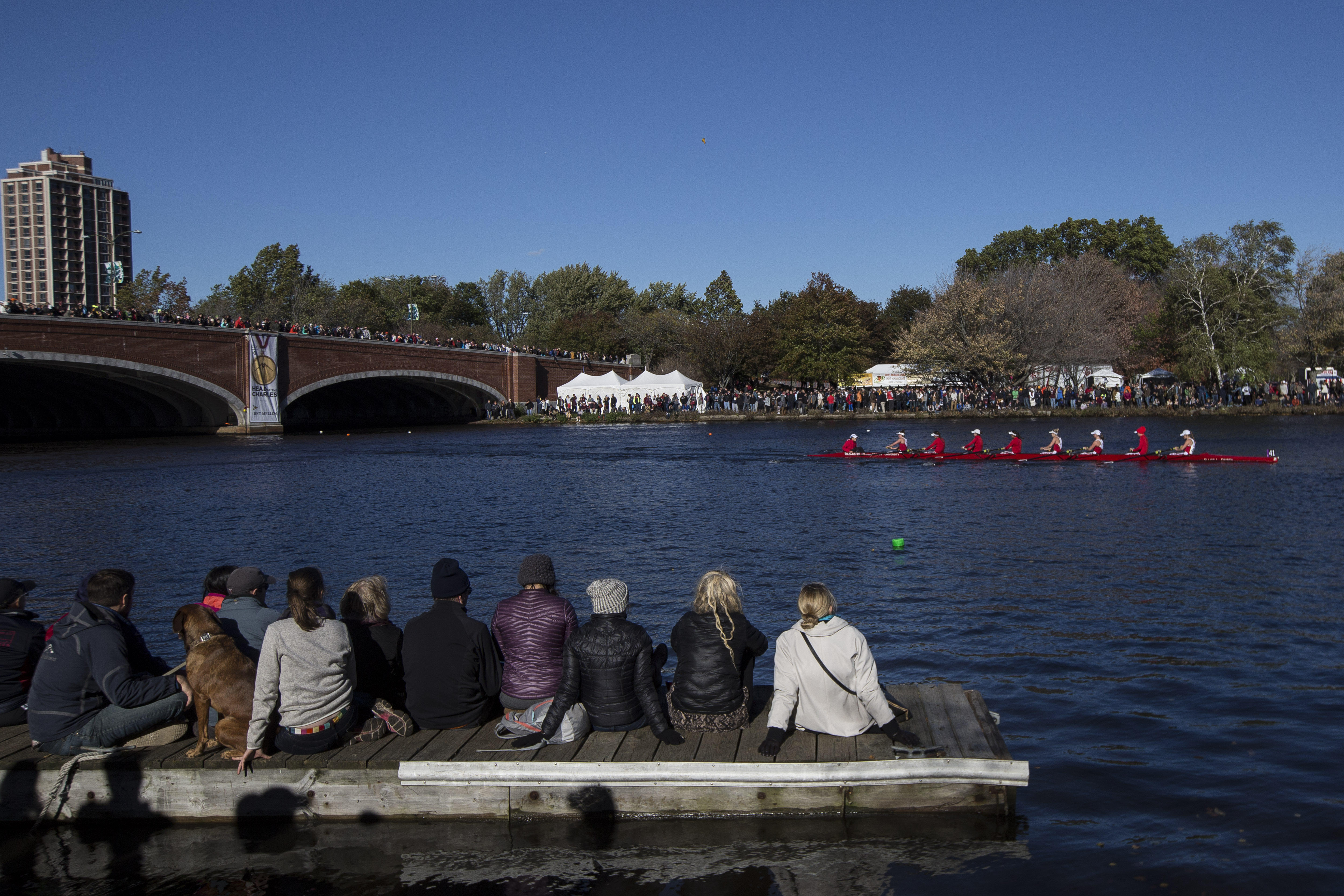 Spectators watch as a crew rows under the Elliot Bridge.