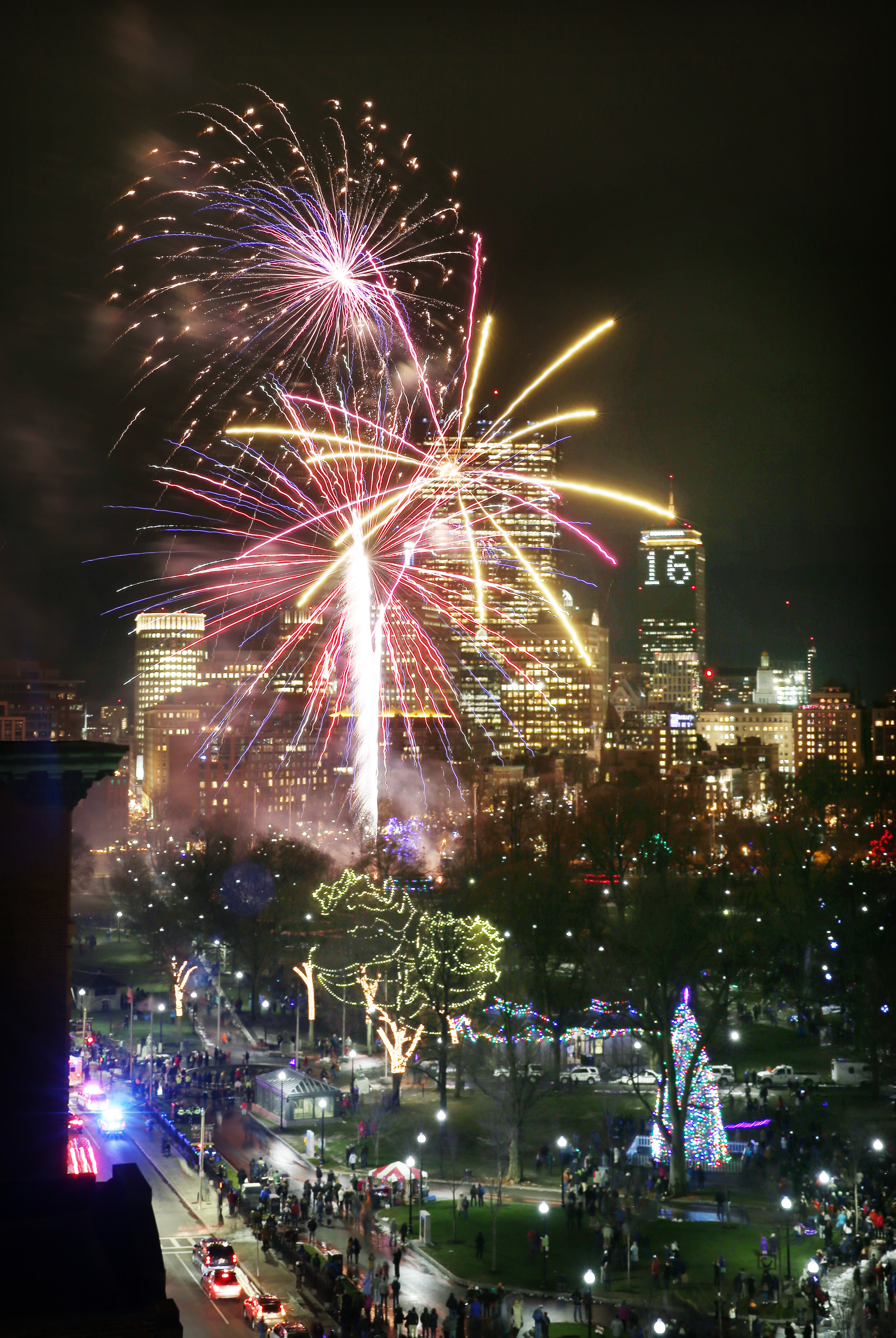 Fireworks displayed during the First Night celebration at Boston Common in Boston.