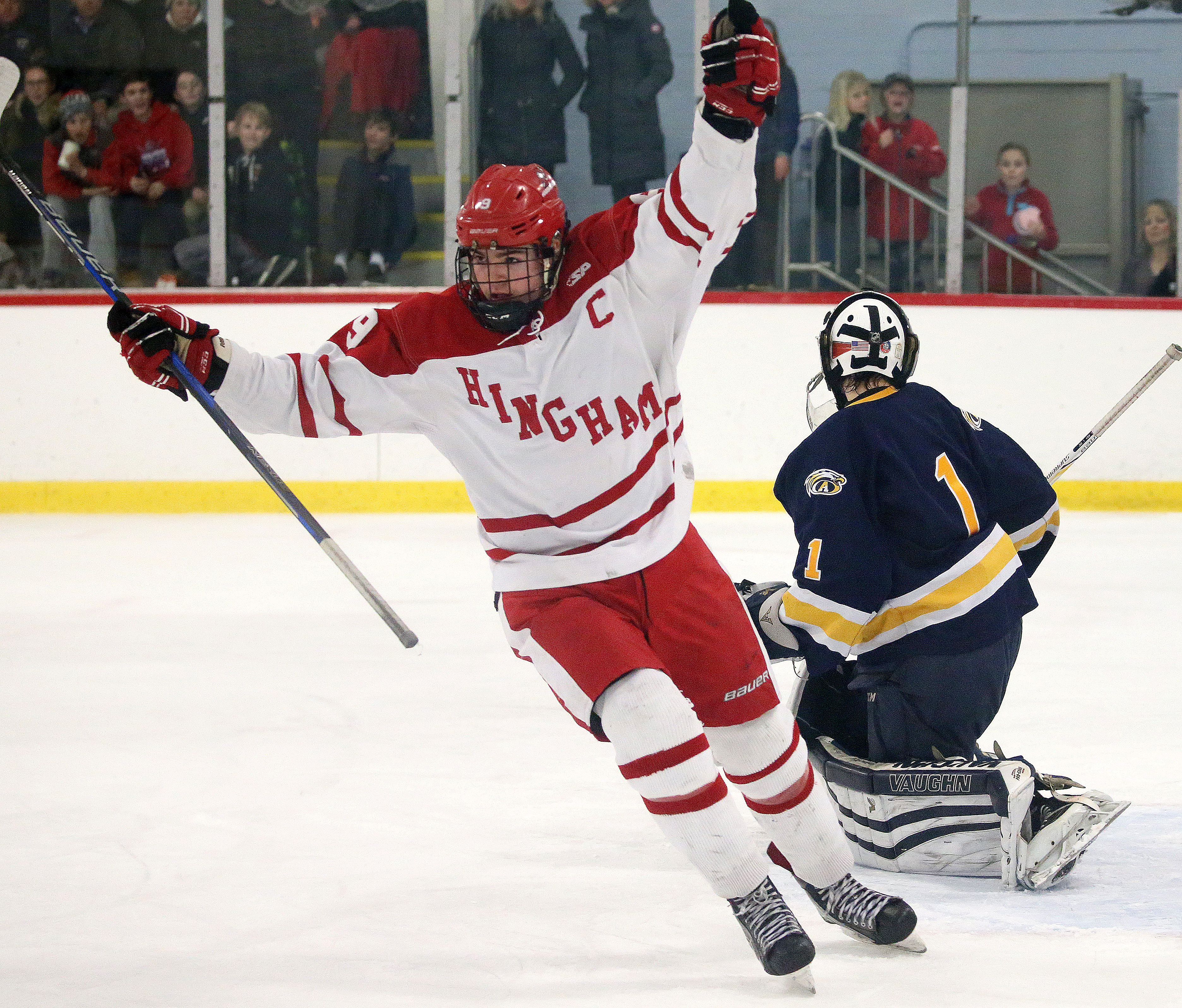Hingham’s Frankie Higgins celebrates his shorthanded goal late in the second period to help the Harbormen roll to a 4-0 shutout of Andover.