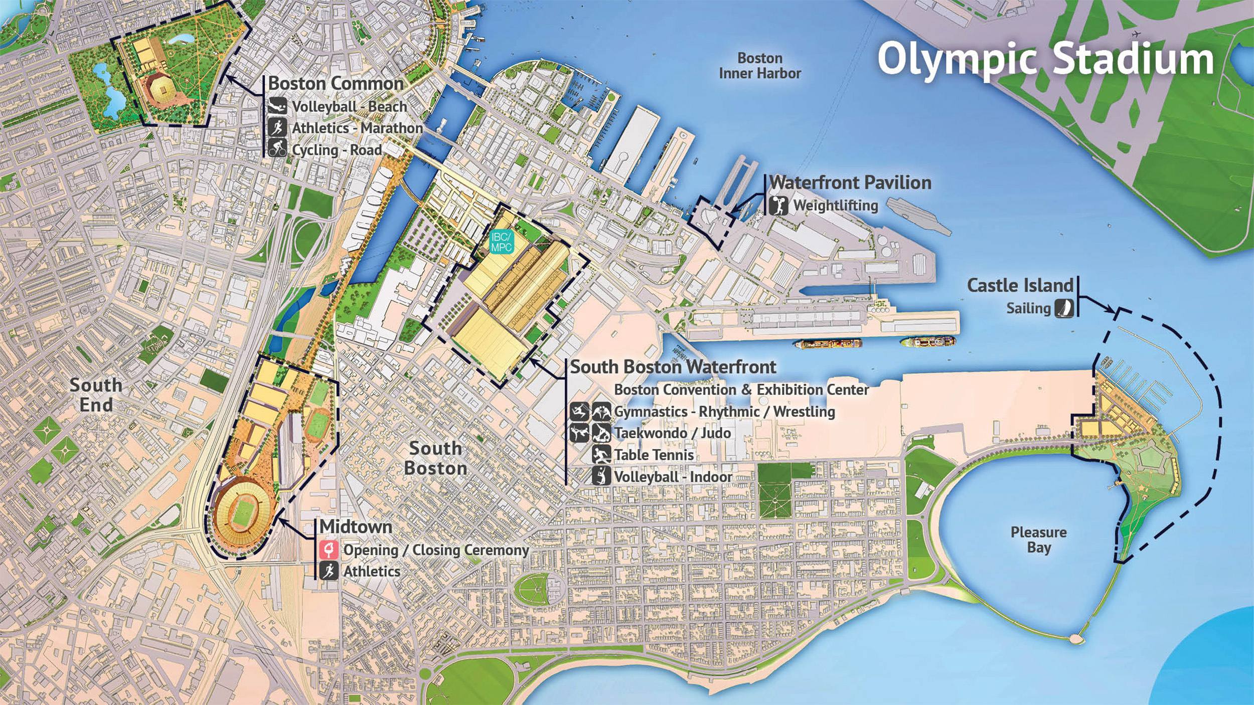 The sites of proposed Olympic event venues, as conceptually envisioned by the Boston2024 group.