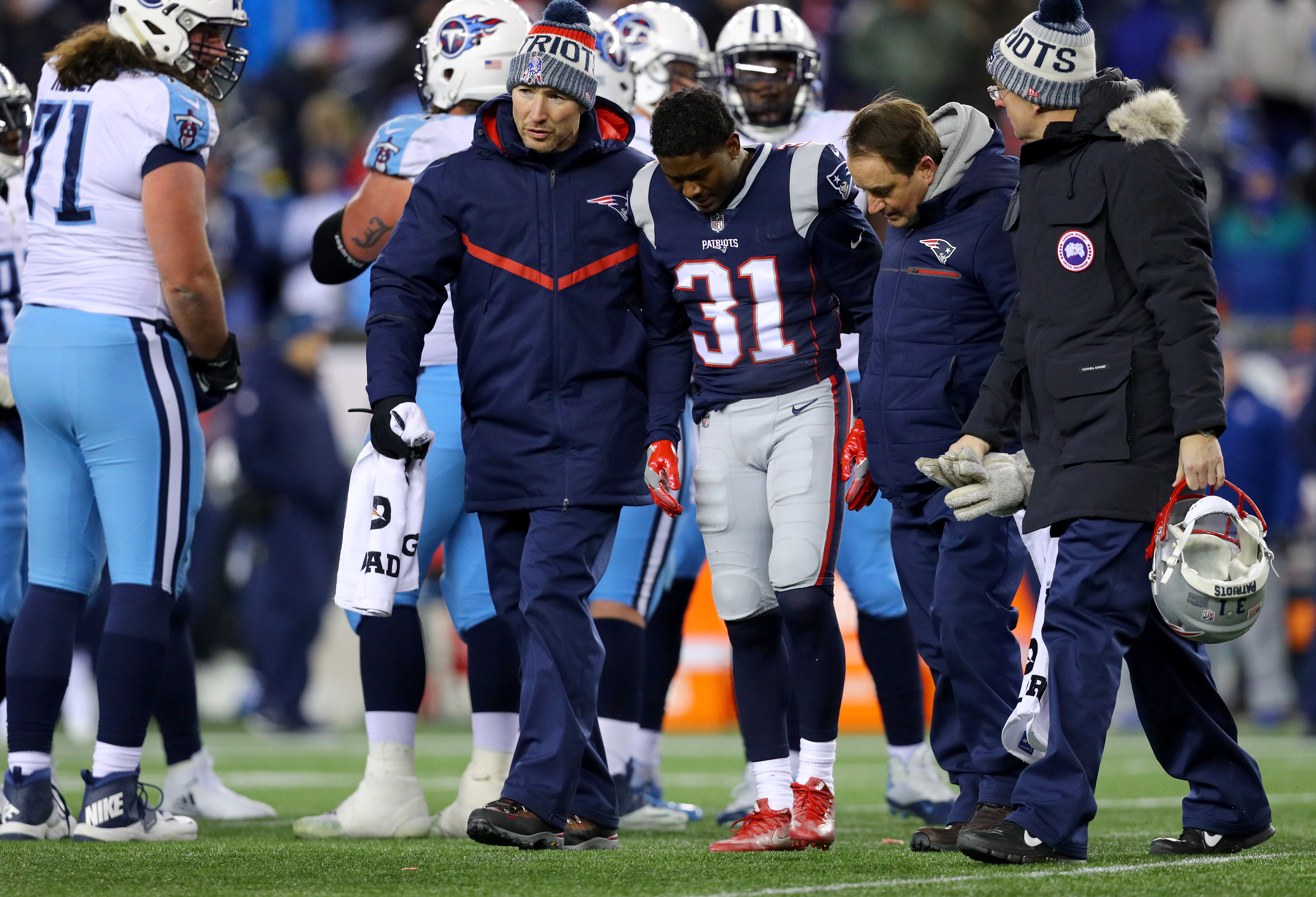 Jonathan Jones (31), who was injured in the fourth quarter of the divisional round vs. Tennessee, could emerge as an in-house candidate at the nickel spot.