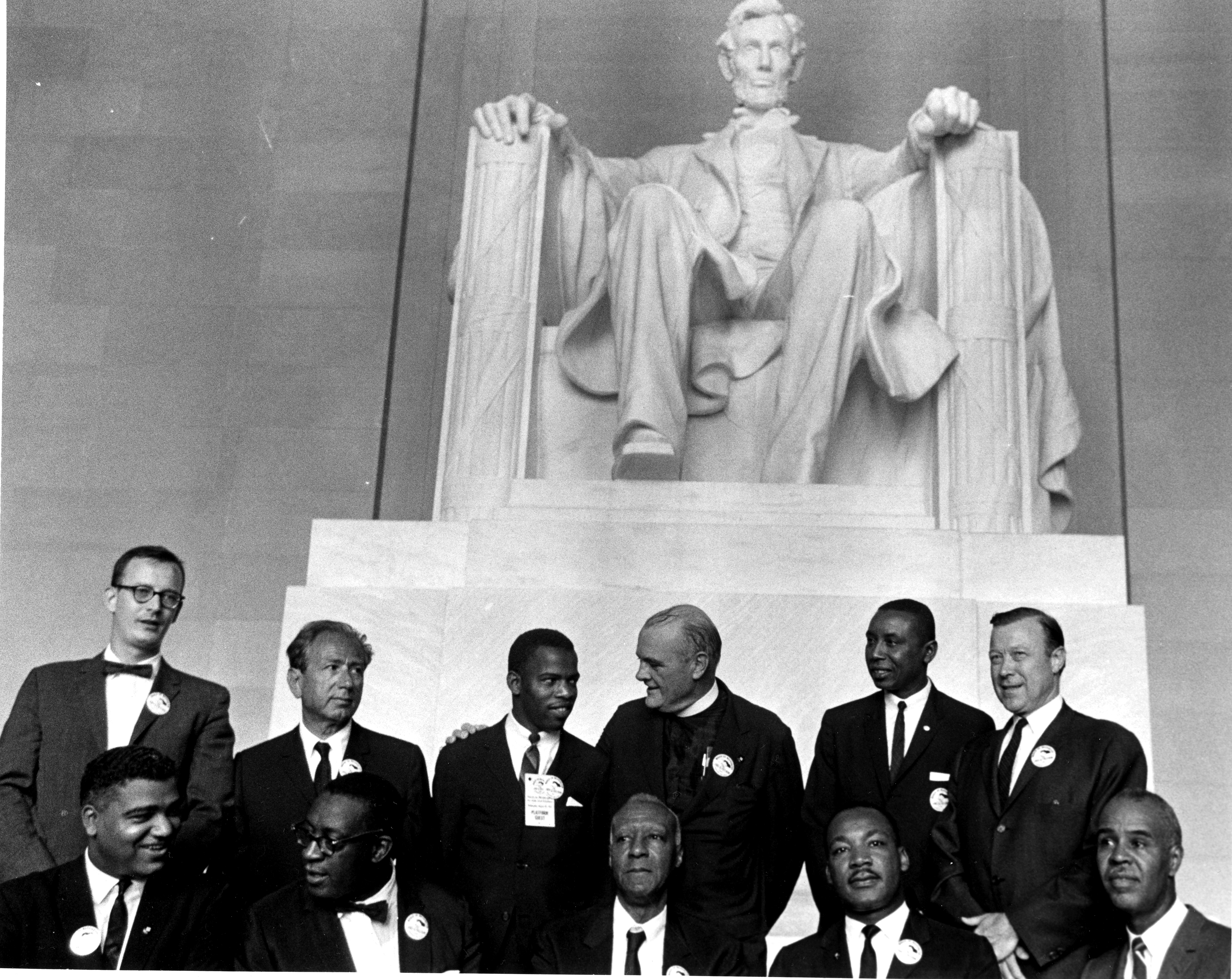 Civil Rights leaders at the Lincoln Memorial during the March on Washington. A Phillip Randolph is in the center of the bottom row.