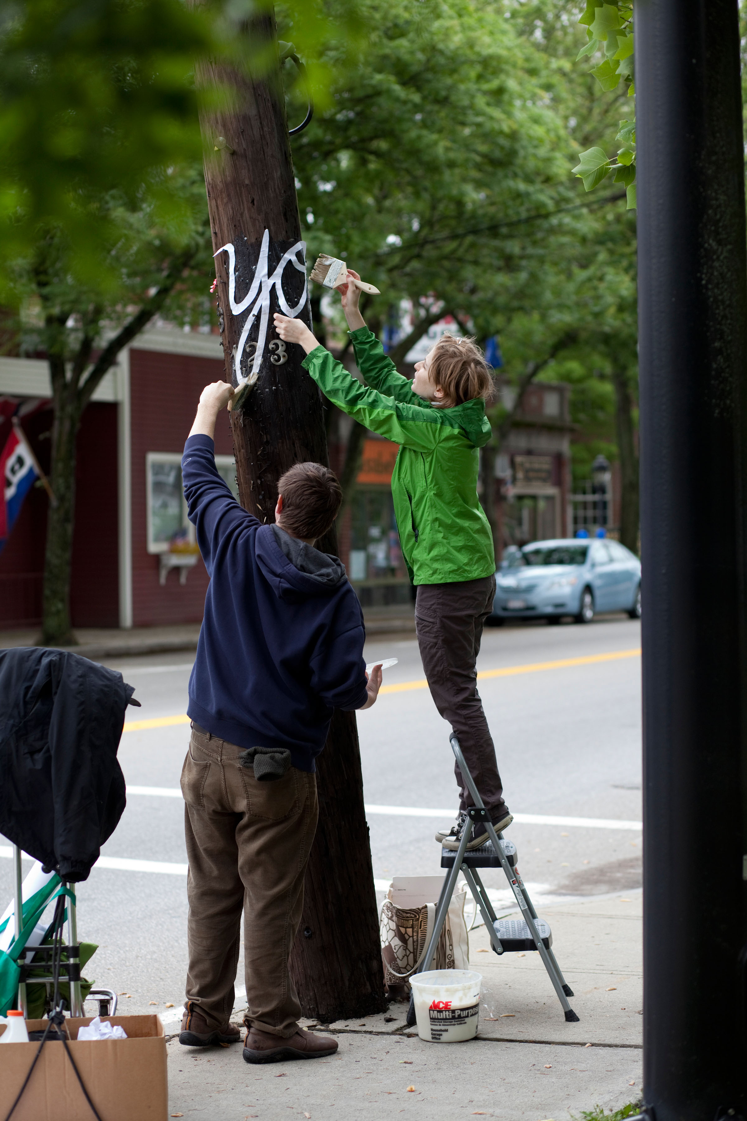 Hannah Verlin, (right) with the help of husband Andy Pickering, installed her public art exhibit.