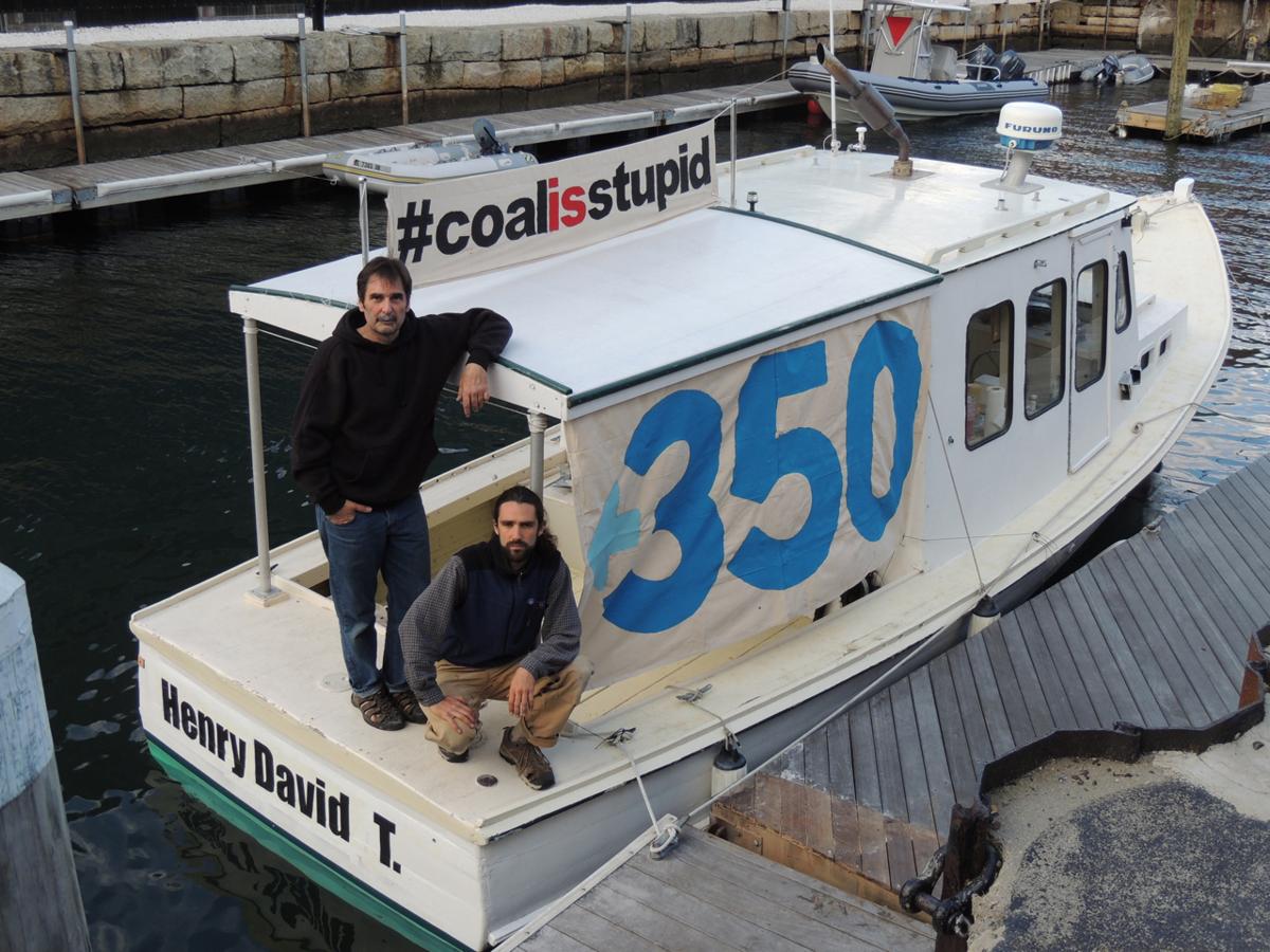 Environmental activists (above, from left) Ken Ward and Jay O’Hara aboard the Henry David T., a refitted lobster boat they used to block the tanker Energy Enterprise from delivering 40,000 tons of coal to the Brayton Point powergenerating plant in May 2013 to try to limit the Somerset facility’s output of greenhouse gases.