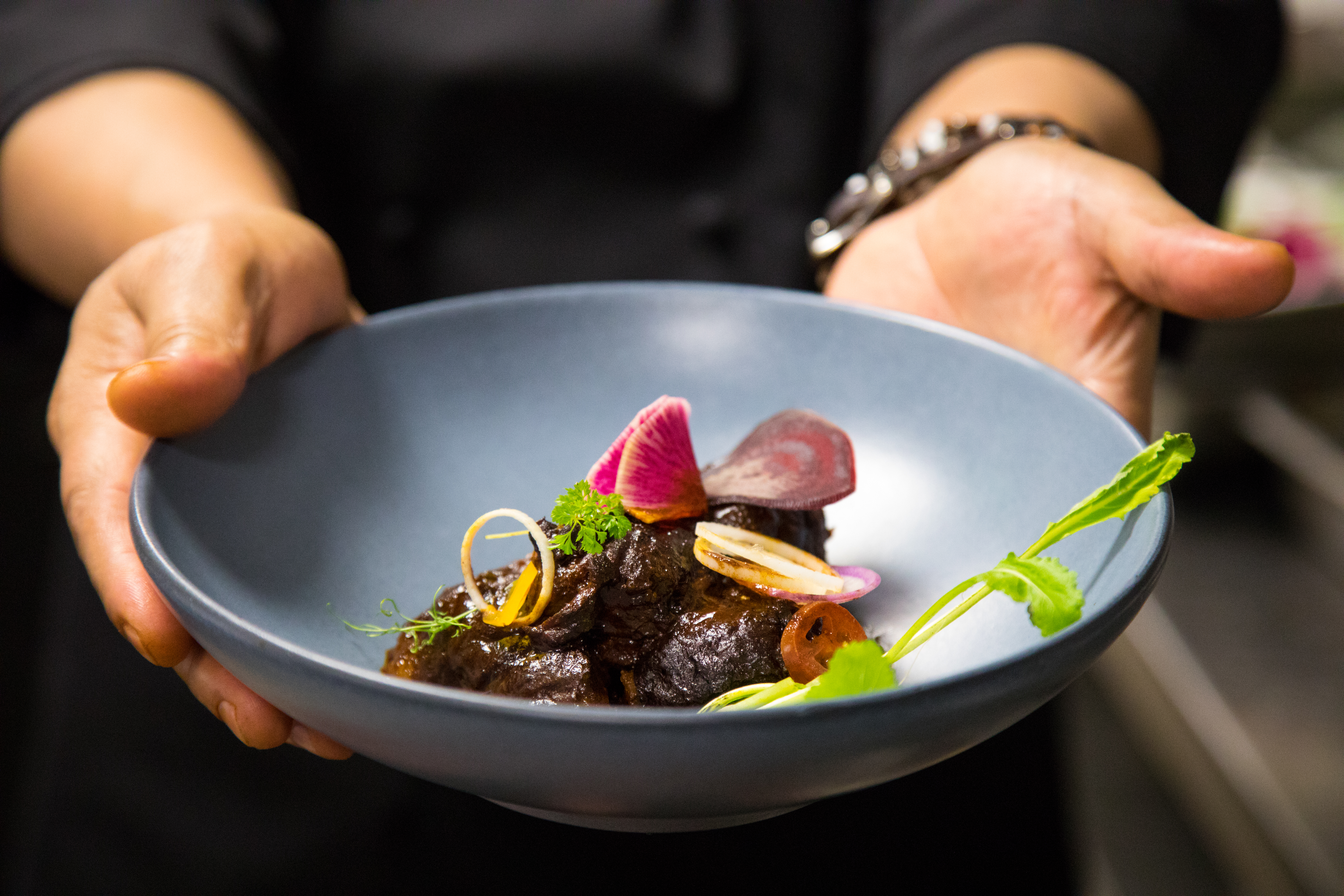 Cachetes de res (beef cheeks) with mole pasilla at Xochi.