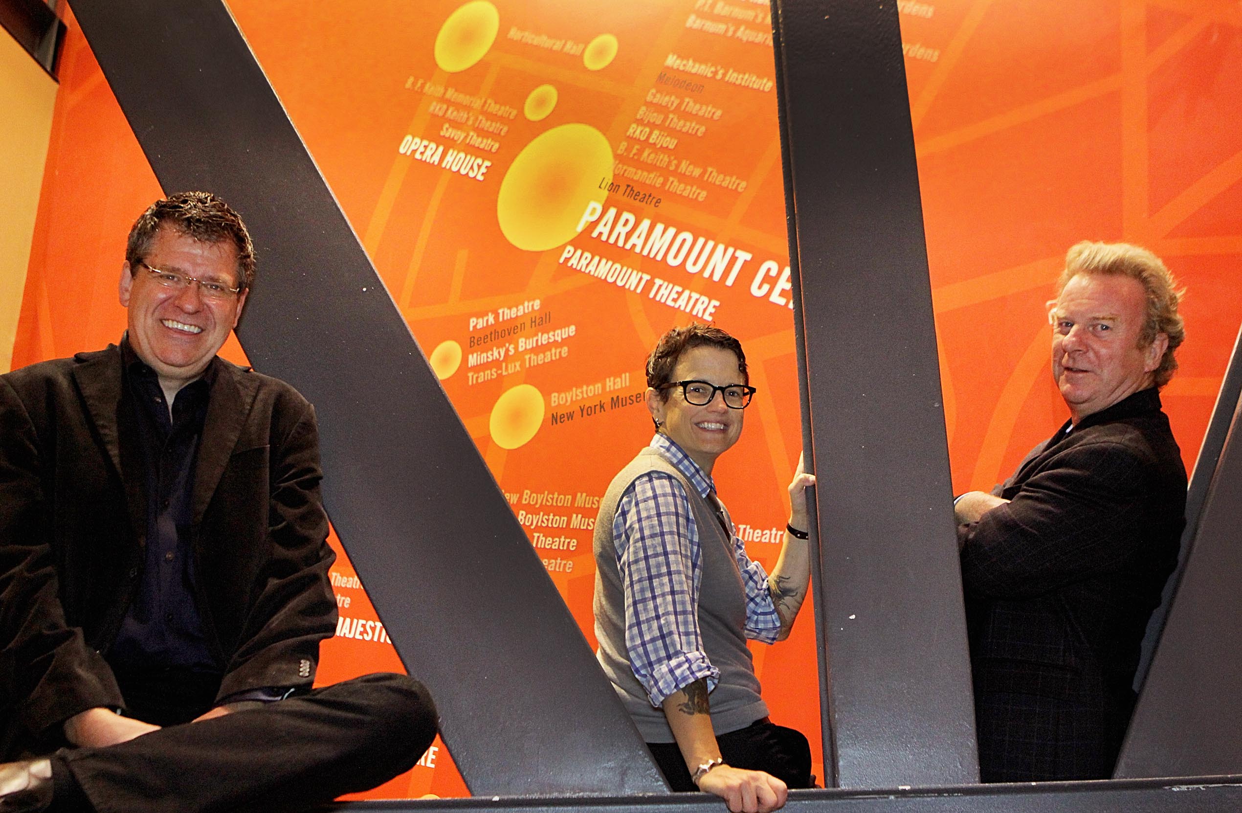 At the Paramount Center (from left): David Dower, director of artistic programs at ArtsEmerson and founder of the Center for the Theater Commons; Polly Carl, director of the center; and Robert J. Orchard, Emerson’s executive director for the arts and executive director of ArtsEmerson.