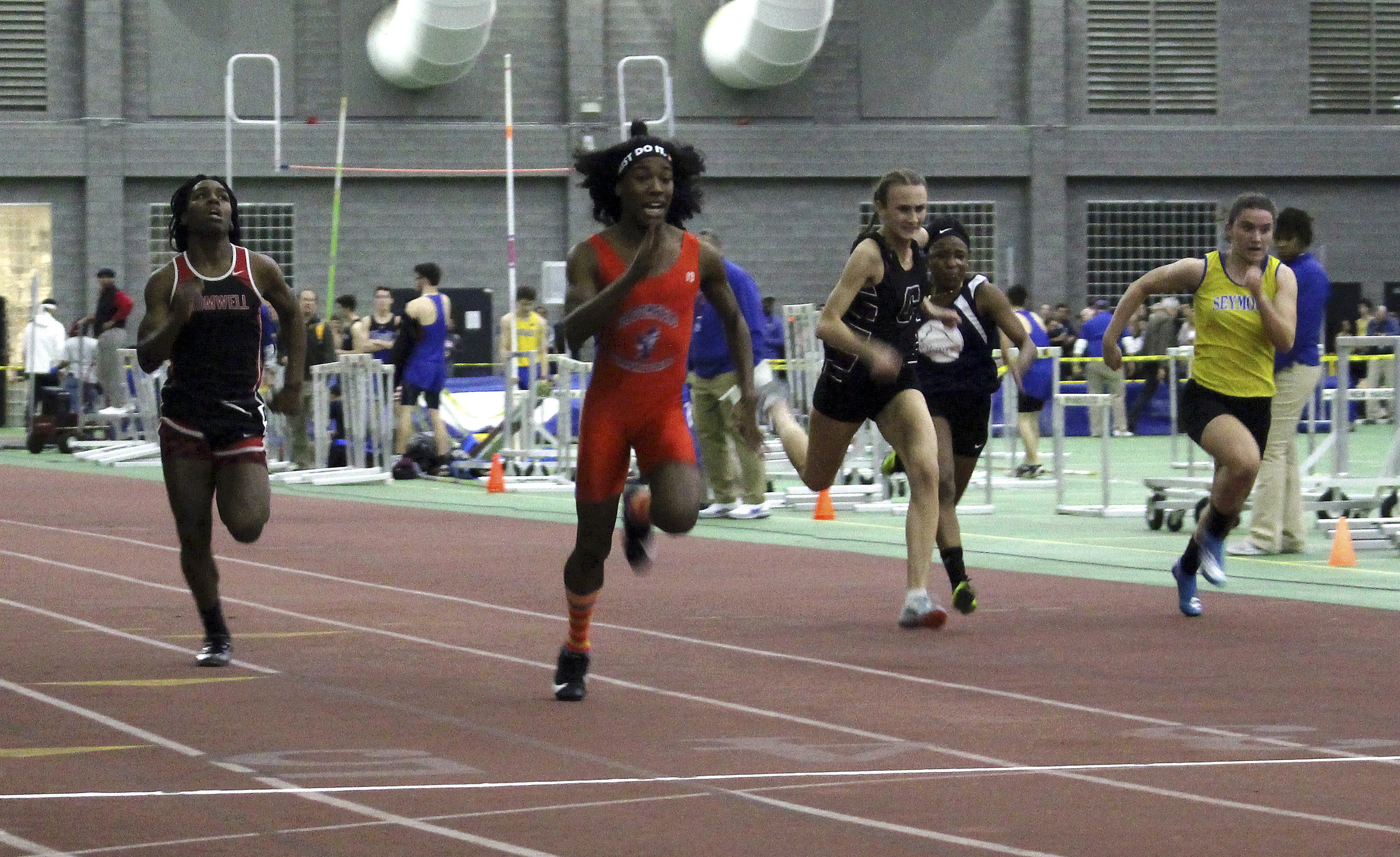 In February, Bloomfield High School transgender athlete Terry Miller, second from left, won the final of the 55-meter dash over transgender athlete Andraya Yearwood, far left, and other runners in the Connecticut girls Class S indoor track meet at Hillhouse High School in New Haven, Conn.