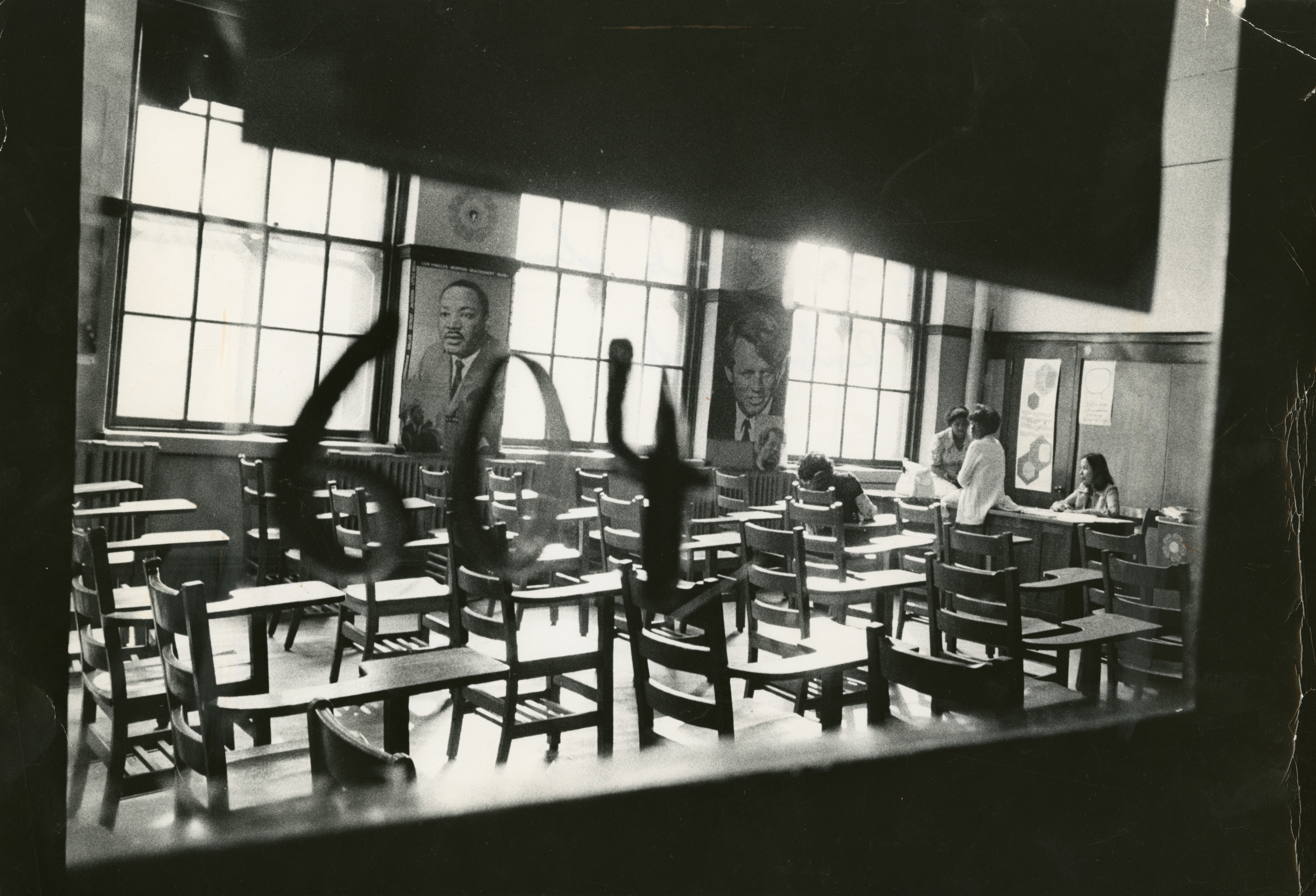 Room 604 at what was then Roxbury High School. The classroom was nearly empty as only three out of 29 students showed up for the first day of school under the busing system.