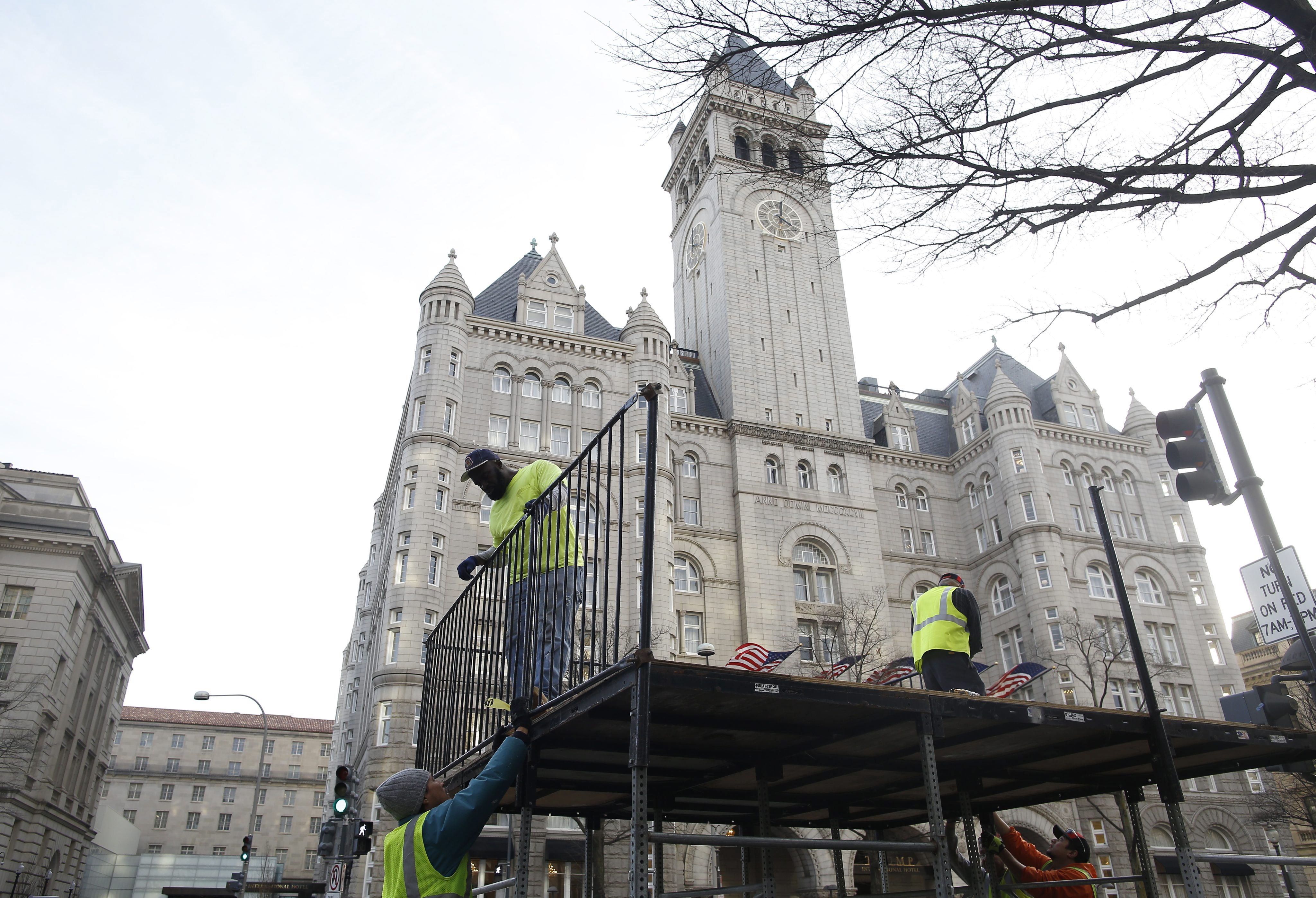 Workers built staging in front of the Trump International Hotel as preparations for the Donald Trump’s inauguration took place.