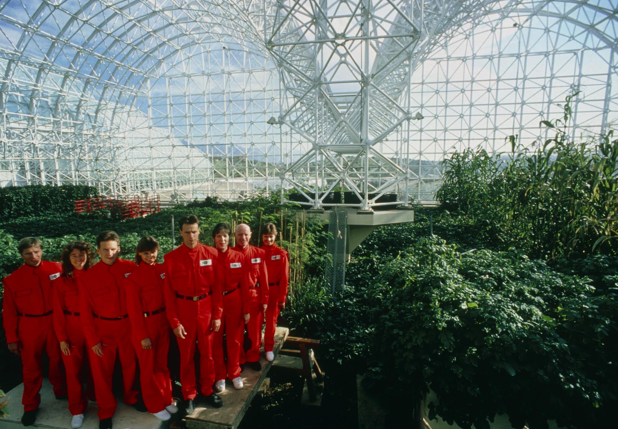 Biospherians posing inside Biosphere 2 in 1990.
