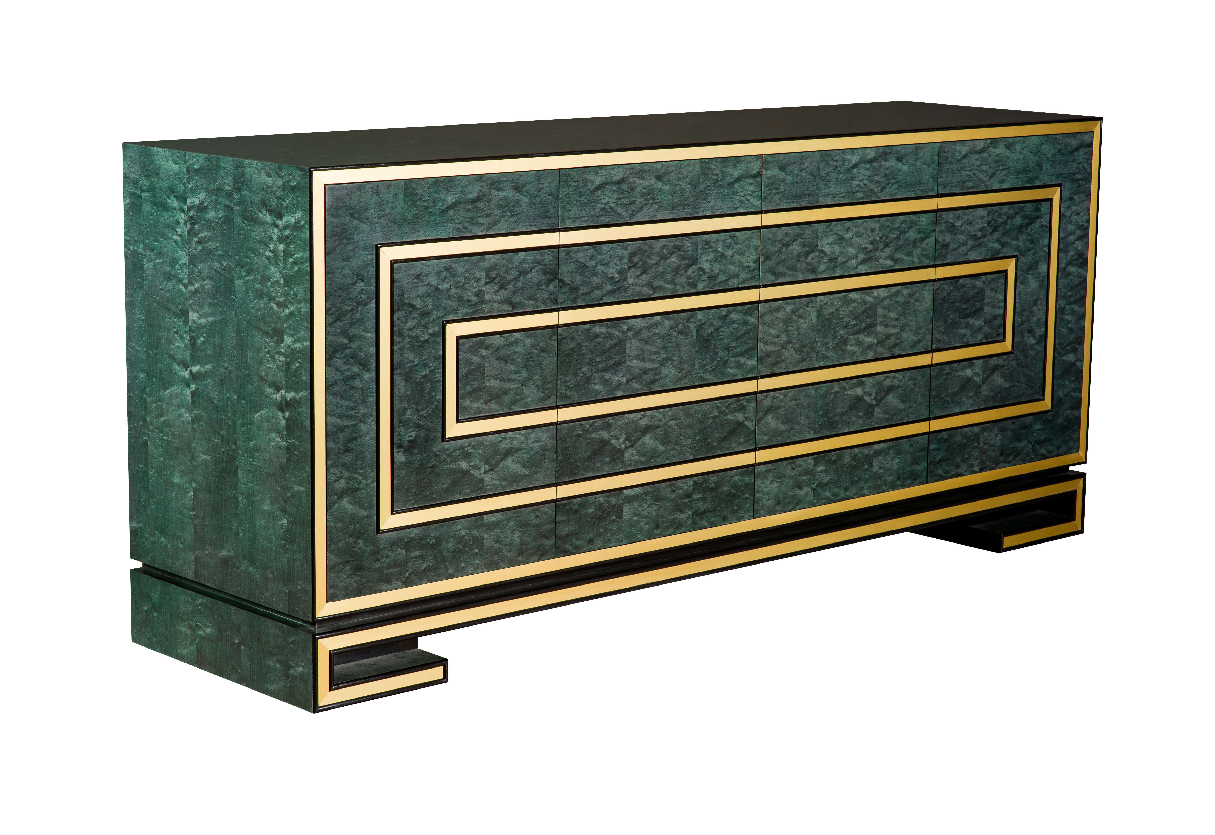 A cabinet with brass inlay and burled wood in green.