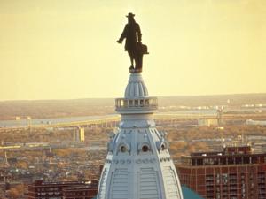 City Hall Tower tour-goers take an elevator up 44 floors to the observation deck just below the statute of city founder William Penn.