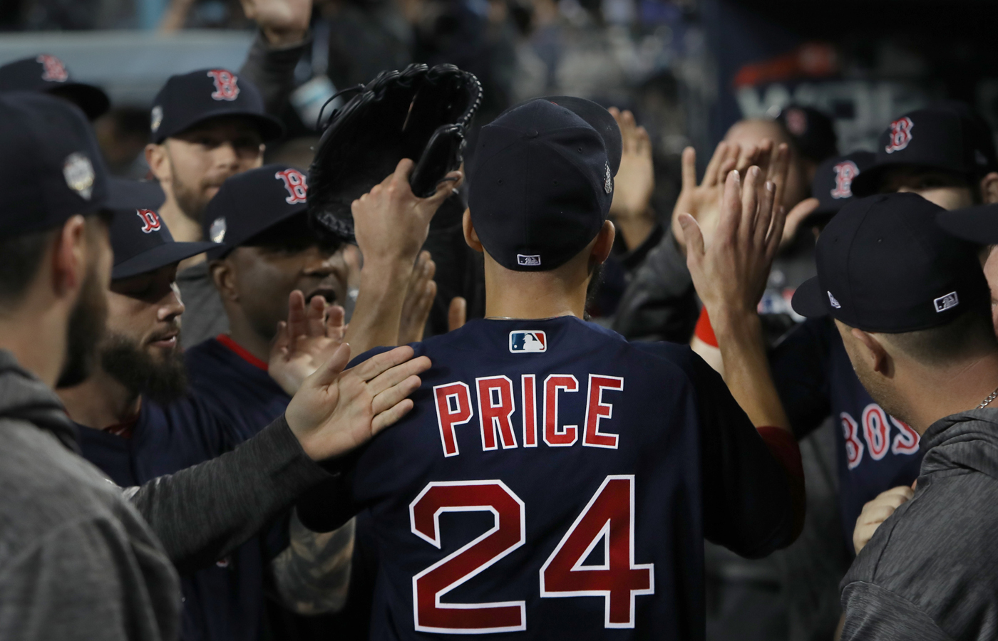 David Price got a warm welcome in the dugout after retiring the Dodgers in the seventh inning.