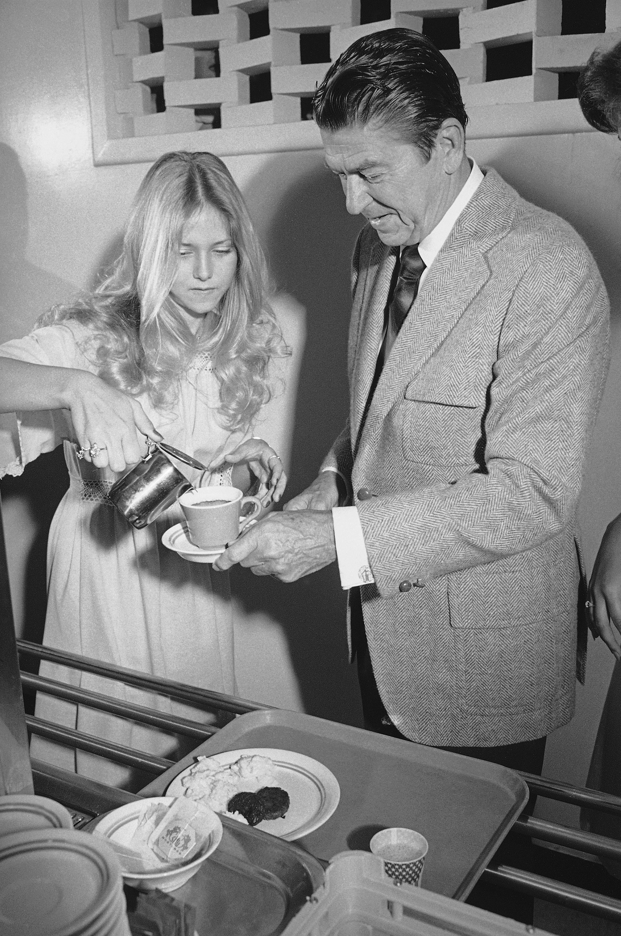 Ronald Reagan, campaigning in Texas, went through the breakfast line before speaking to students at Southern Methodist University in Dallas on April 6, 1976.