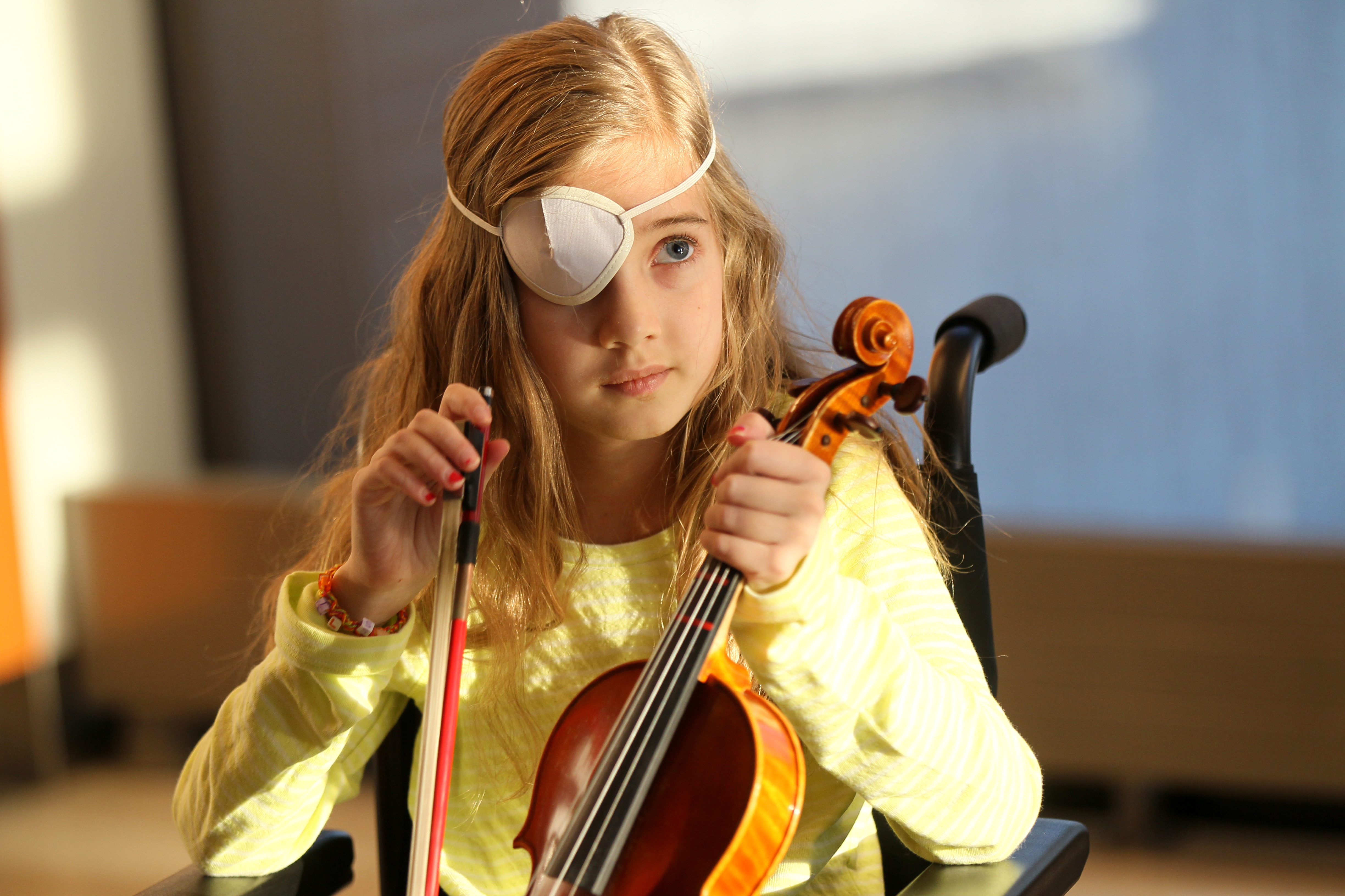 Sophie Fellows has returned to playing her violin despite weakness on her left side after doctors at Boston Children’s Hospital removed a tumor from her brain less than a month ago.