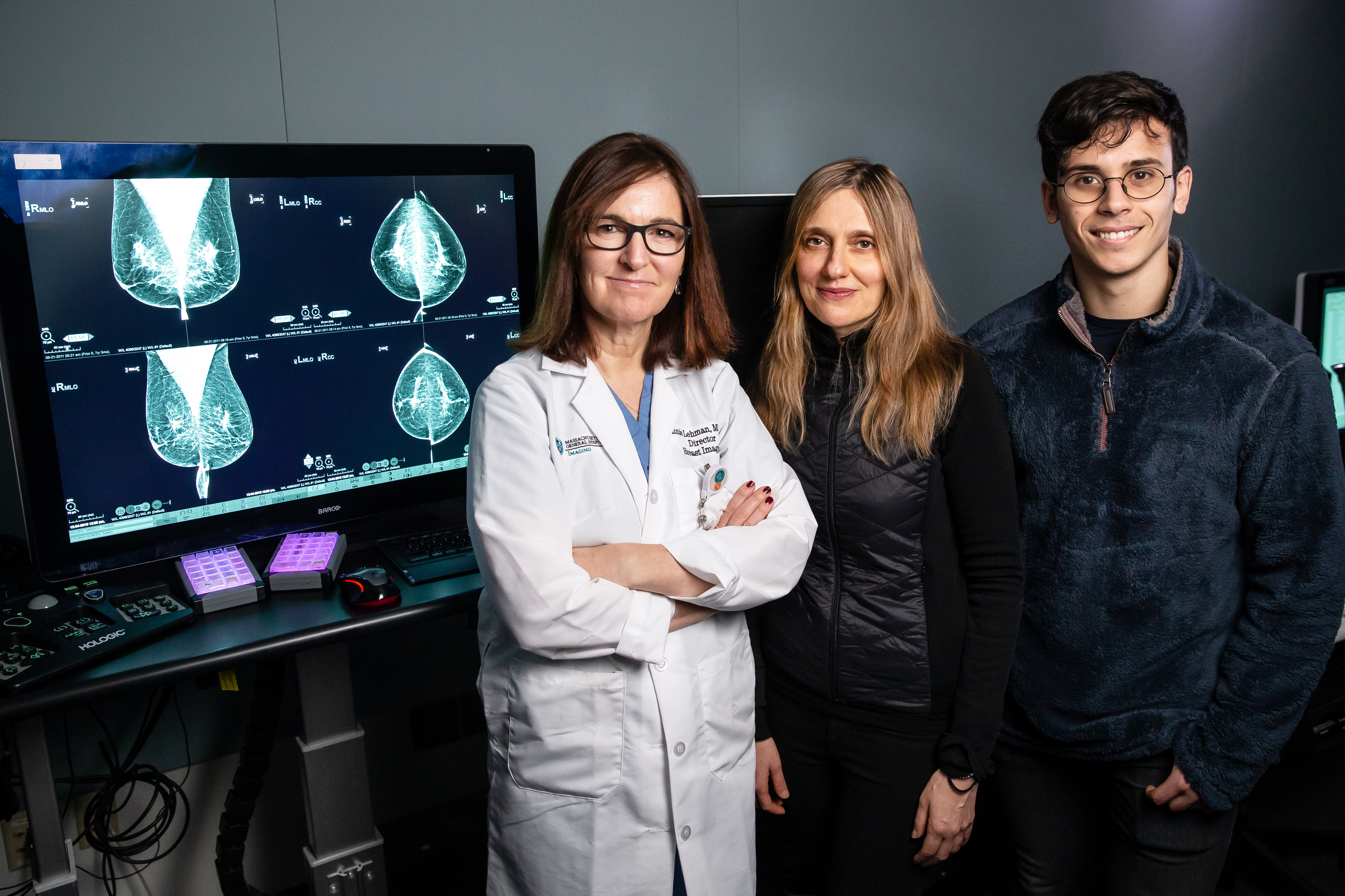 Dr. Connie Lehman, Dr. Regina Barzilay, and doctoral student Adam Yala at MGH. They are developing deep learning applications for breast cancer risk and early detection.