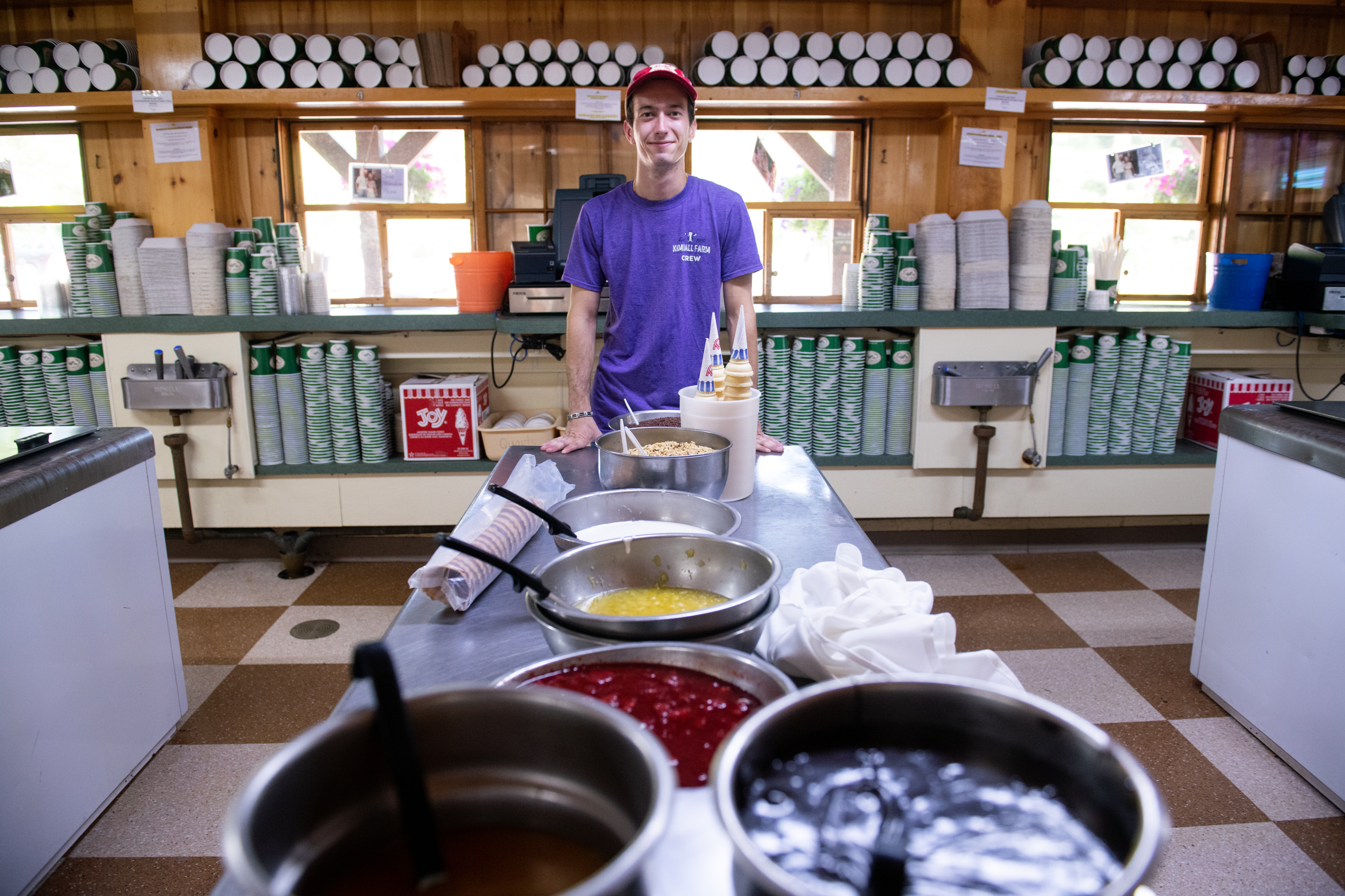 Sam Jacobson posed for a portrait at Kimball Farm's ice cream parlor.