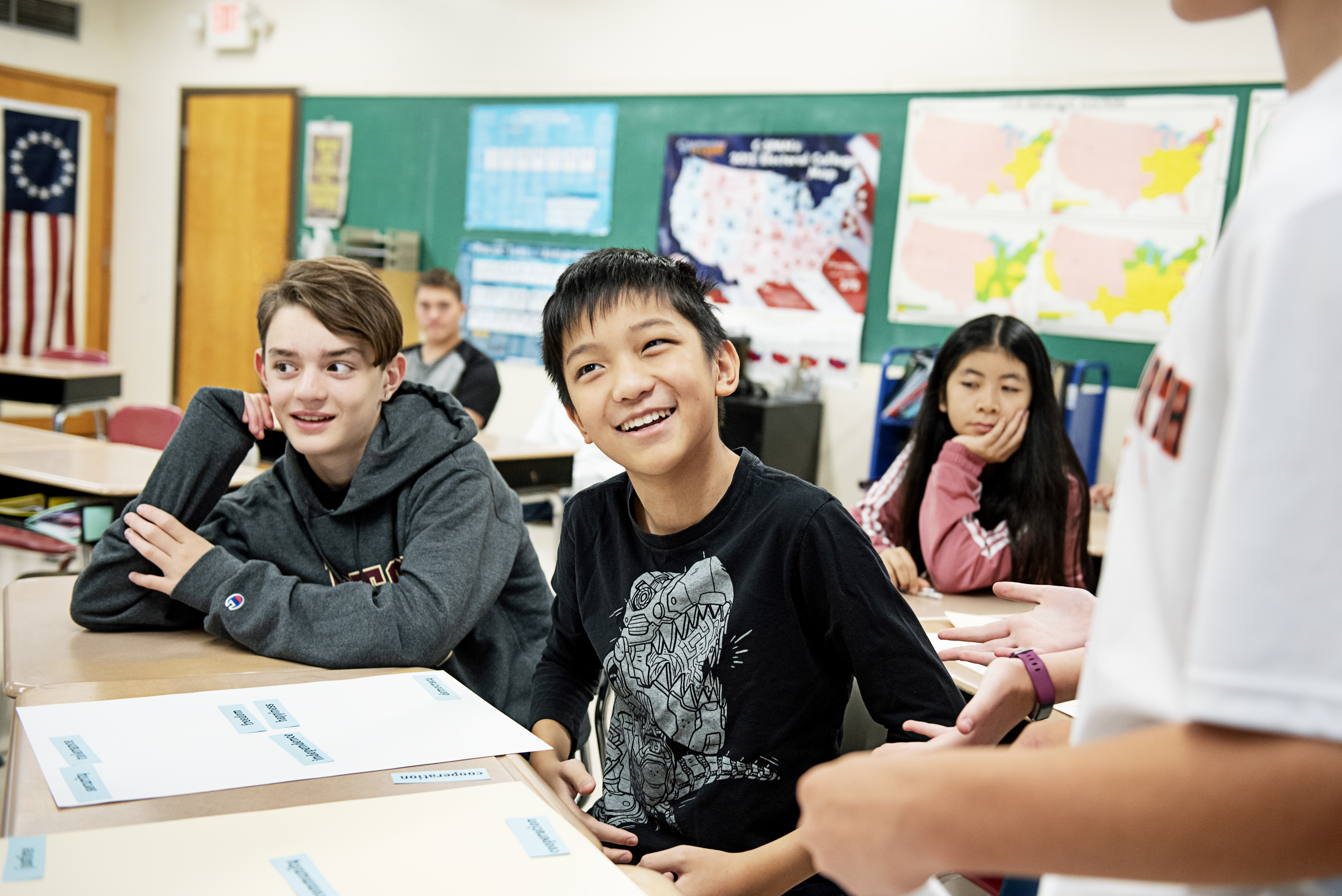 Evan Doan (left) and Aaron Li are among the students in Swan’s civics class.