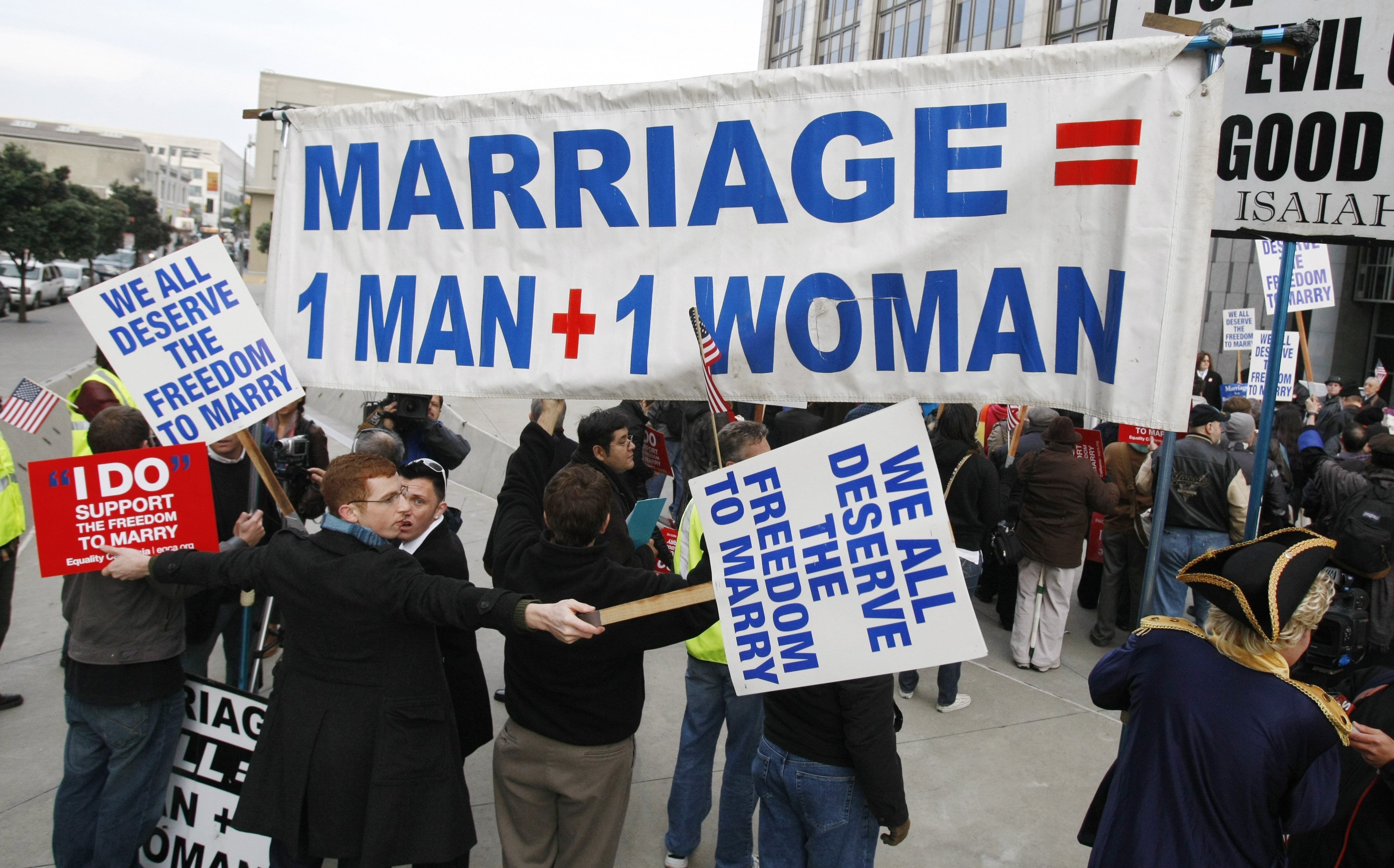 Demonstrators for and against same-sex marriage protested at a federal courthouse in San Francisco in January 2010 - with a focus on the meaning of the word.