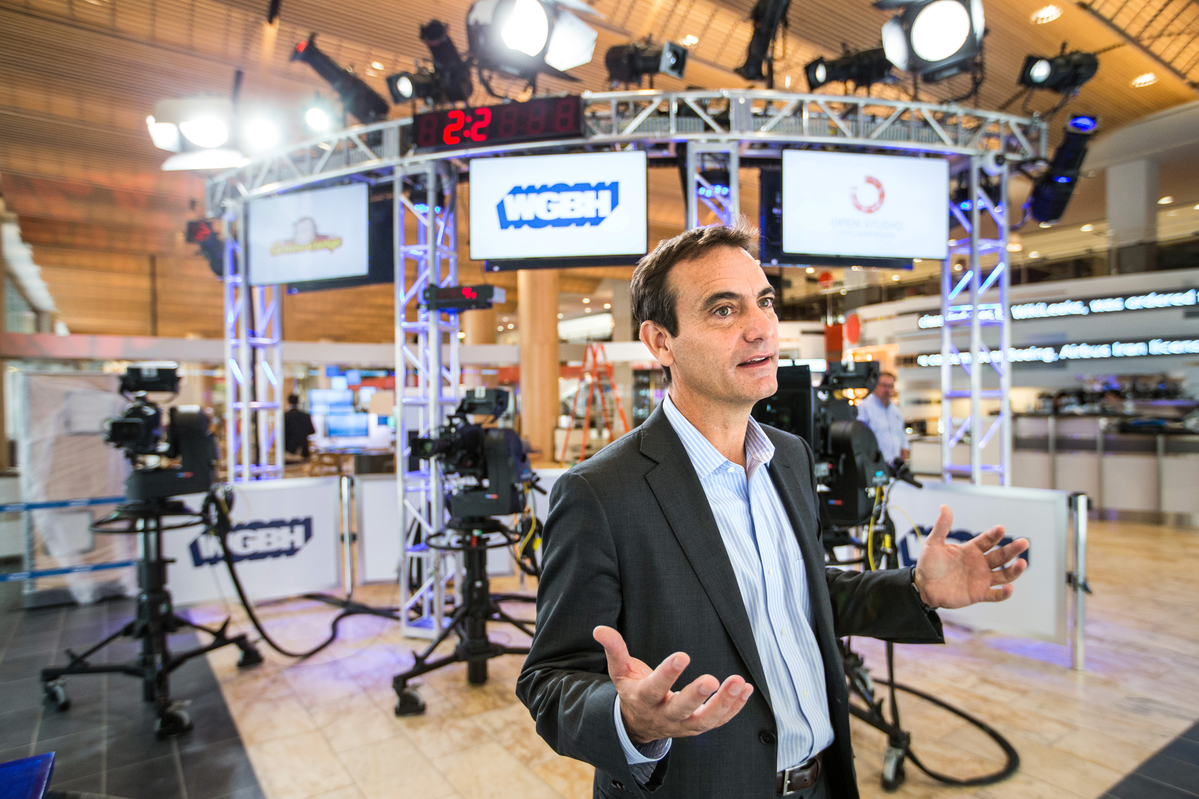 Benjamin Godley, chief operating officer for WGBH, was at the new studio at the Boston Public Library.