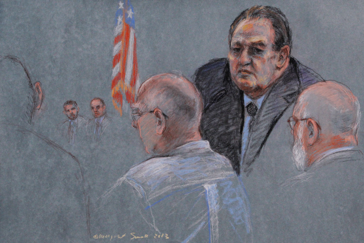 A courtroom sketch (from left) depicts Whitey Bulger, witness John Martorano, and defense attorney J.W. Carney.