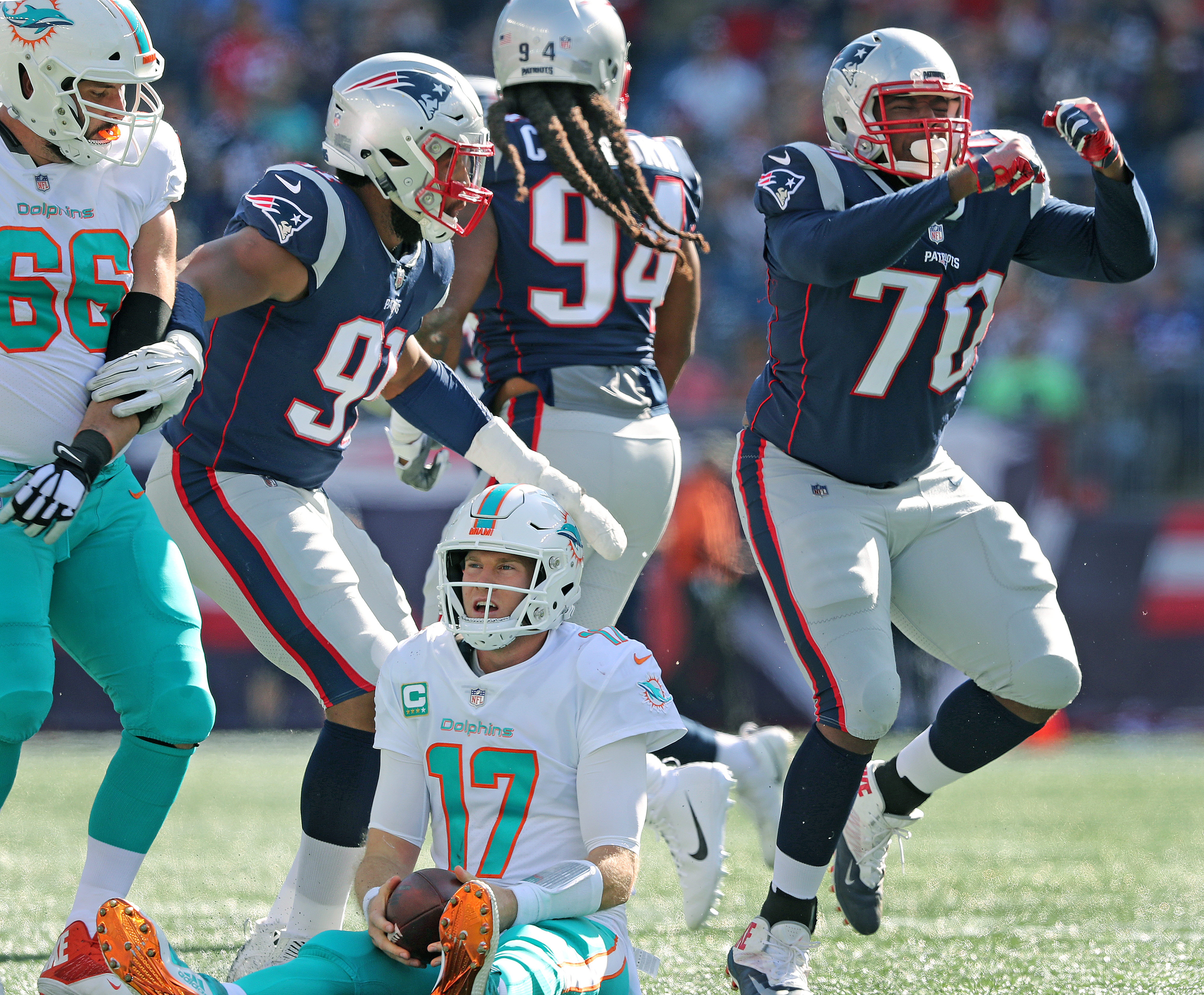 Adam Butler, Deatrich Wise, and the Patriots’ defense held Ryan Hannehill to just 100 yards passing.