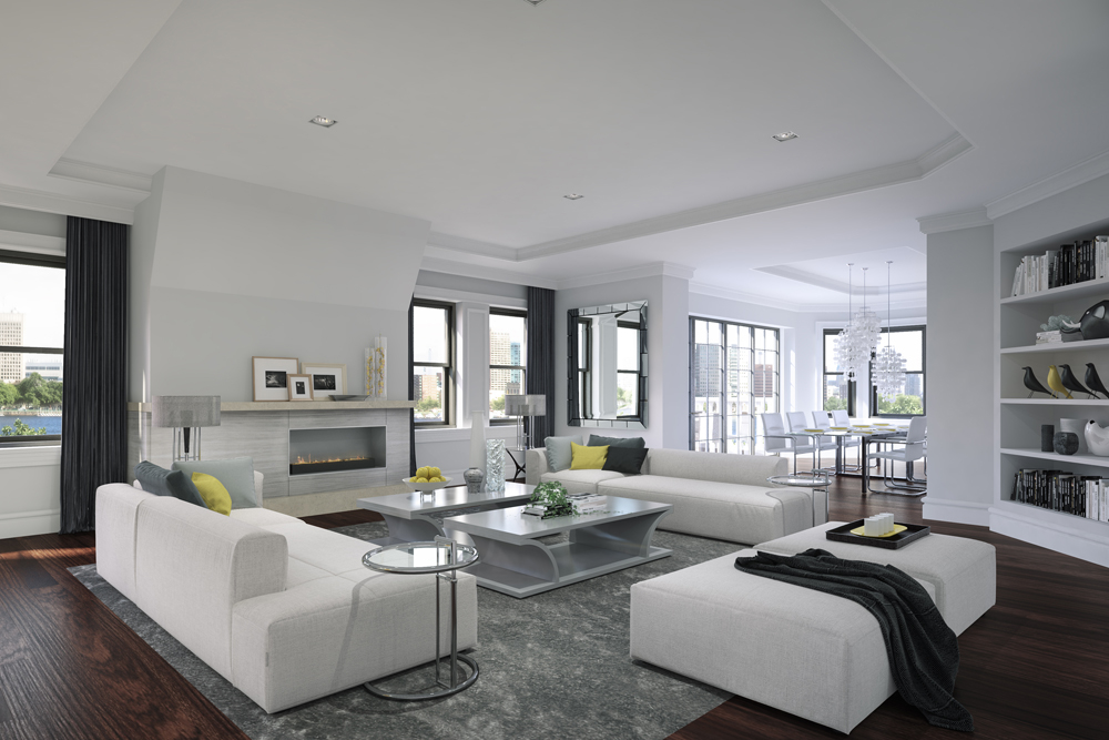 A rendering of a living/dining area