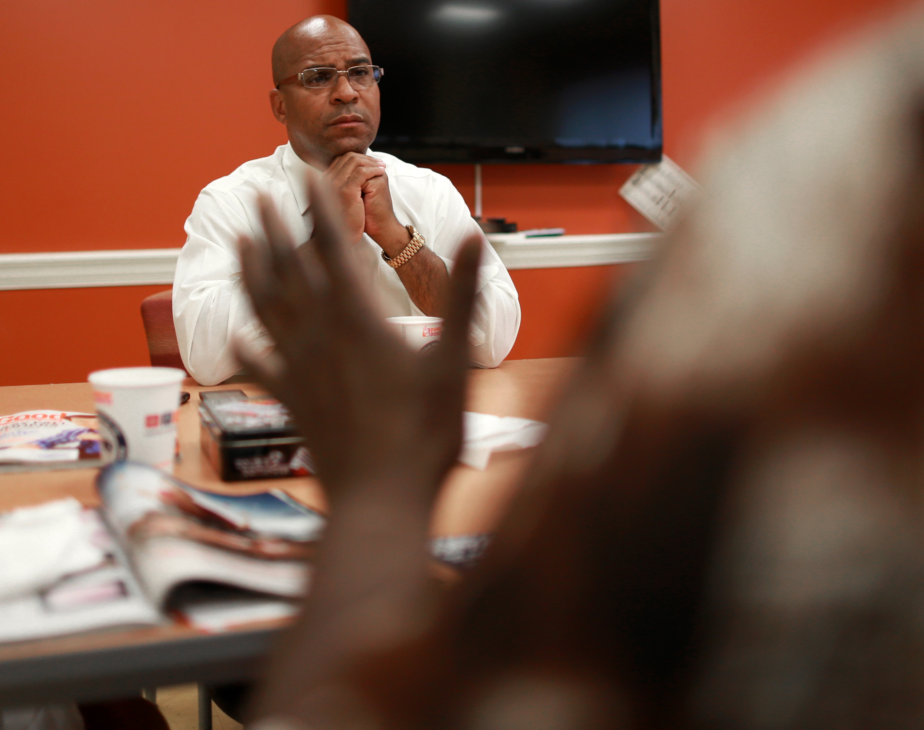 Charles Clemons made a campaign stop at a senior coffee hour in Dudley Square this week.