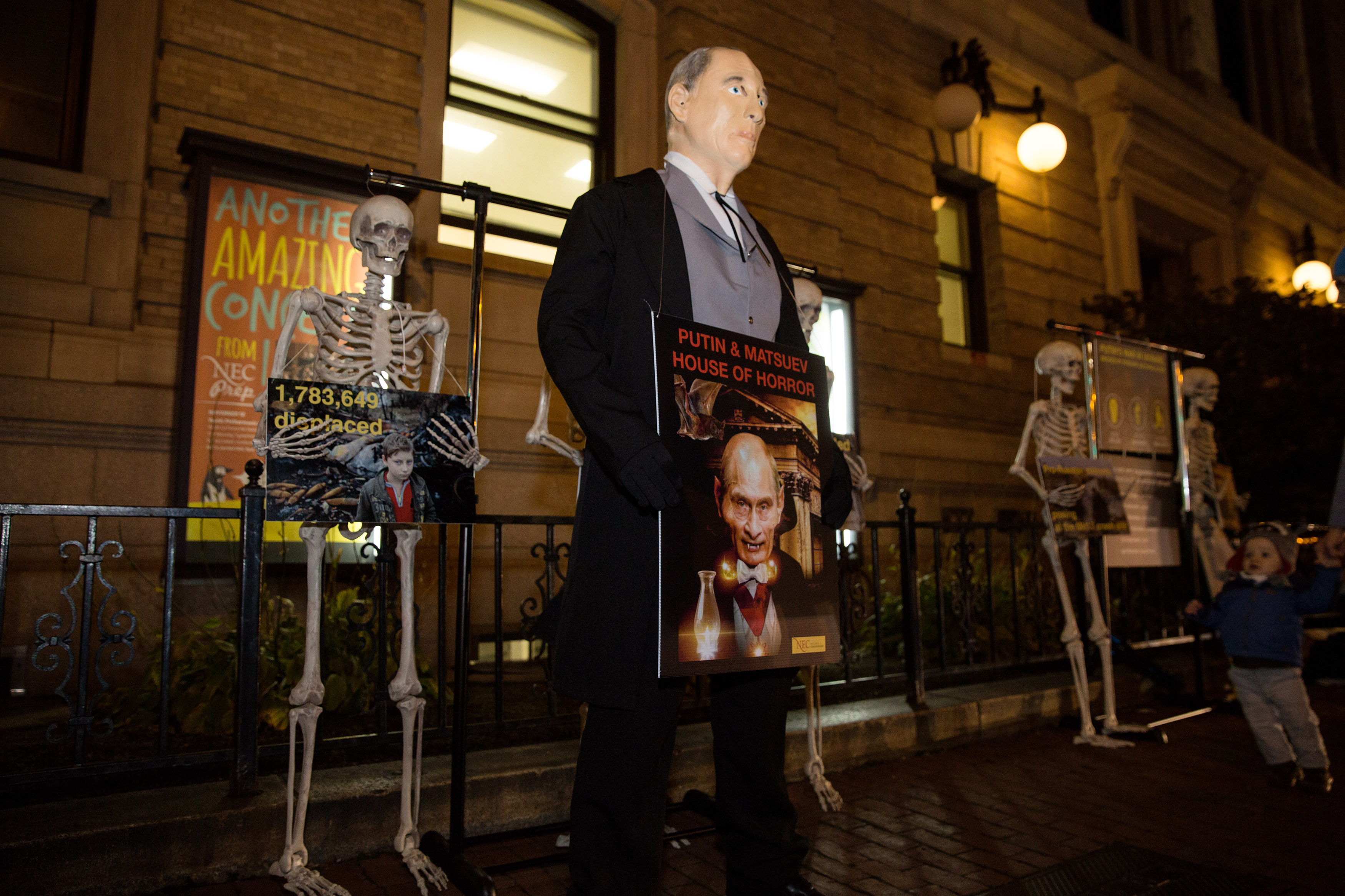 Dmitry Smelansky of the group Arts Against Aggression dressed as Russian president Vladimir Putin to protest a performance by pianist Denis Matsuev outside New England Conservatoryâs Jordan Hall in October 2016.