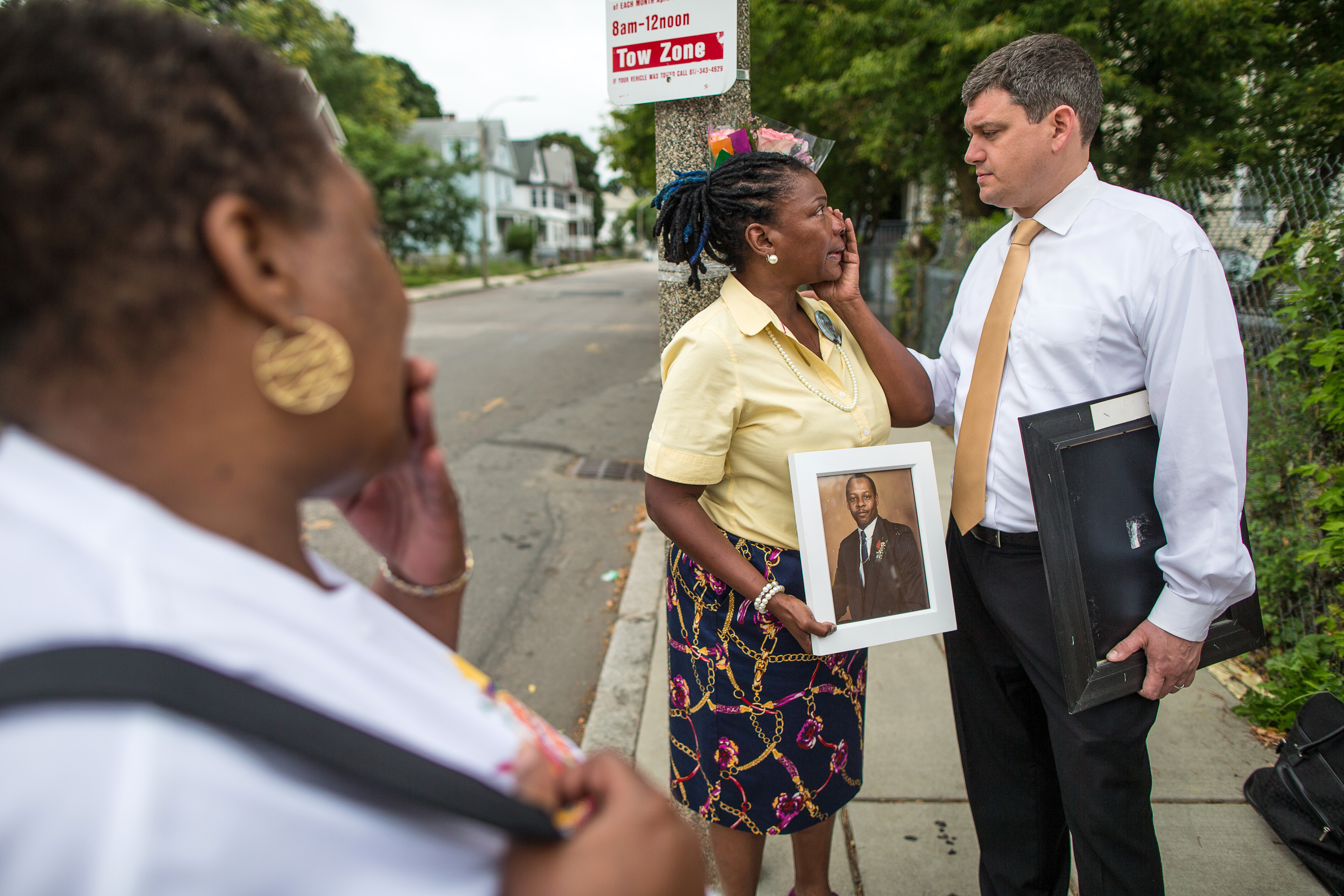 While campaigning recently, John Connolly spoke with Mary Franklin on Woodrow Avenue in Dorchester where her husband was killed in 1996.