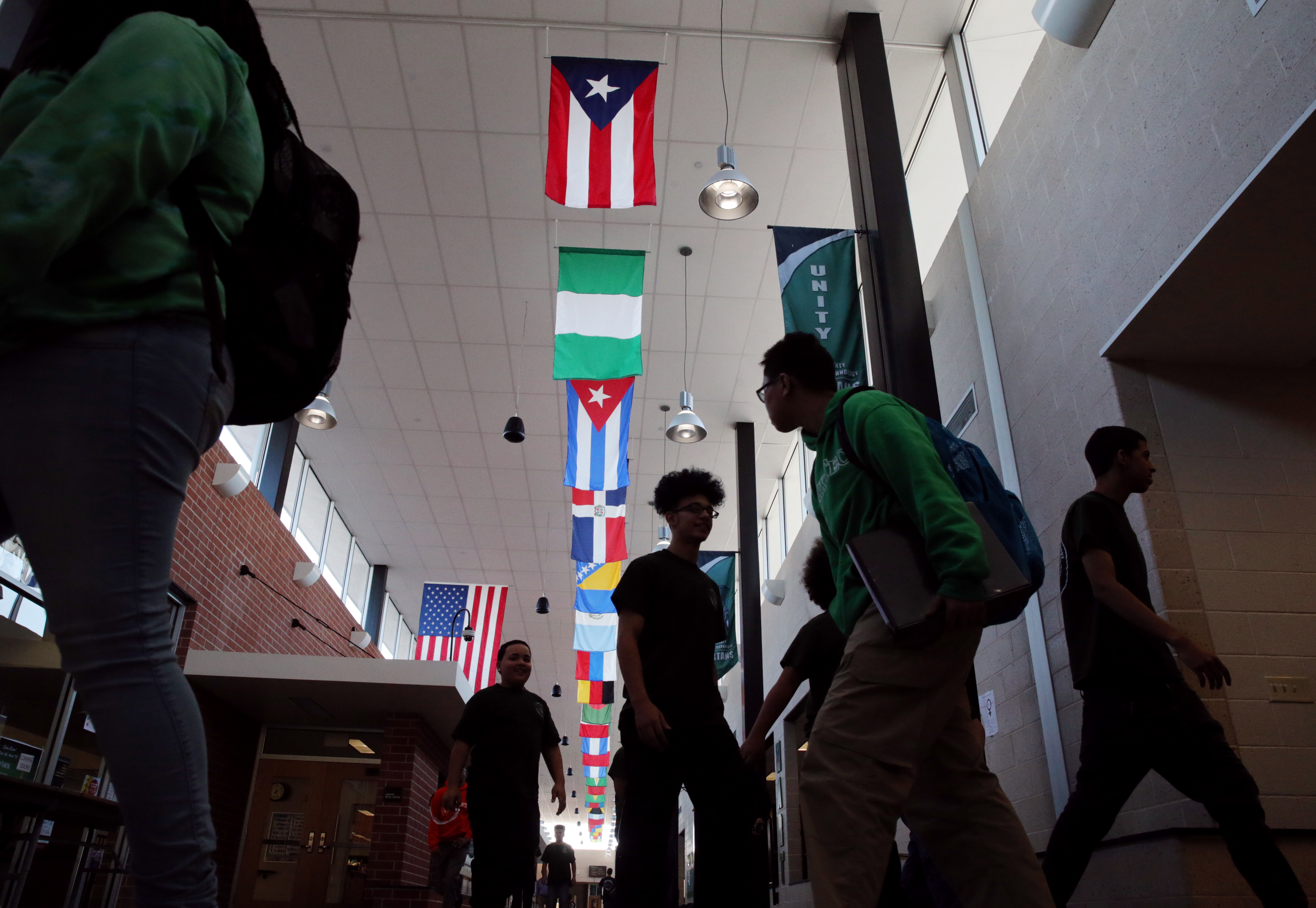 Flags from many nations, representing the diversity of students’ heritage, decorated a hallway at York County School of Technology.