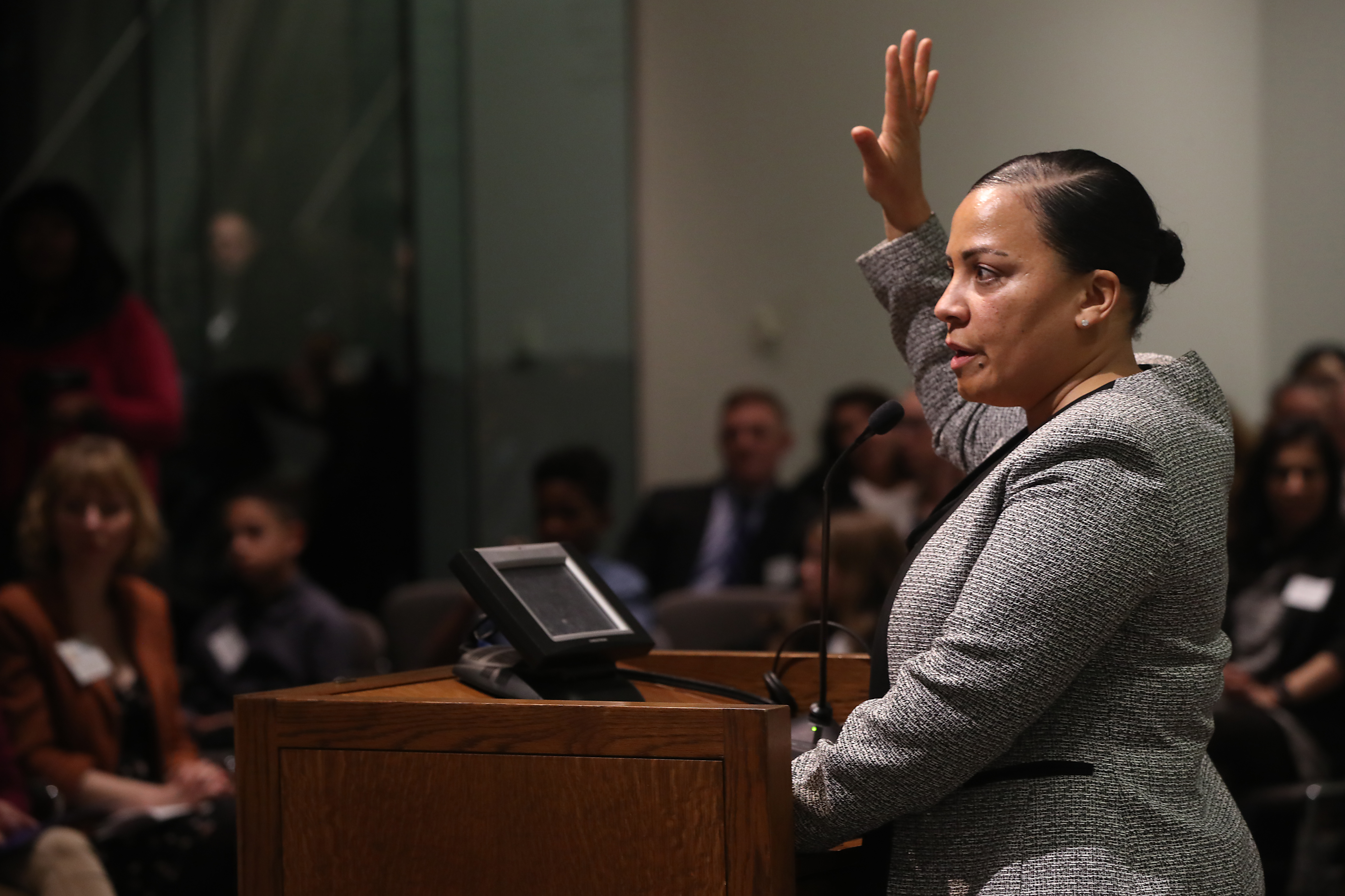 Rachael Rollins addressed middle school students who were participating in mock trials earlier this month.