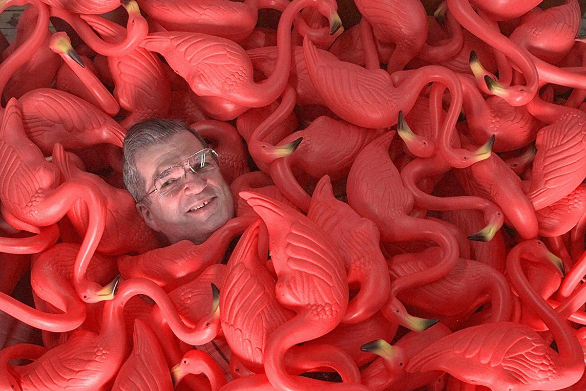 Donald Featherstone posed with some of his creations in 1998.