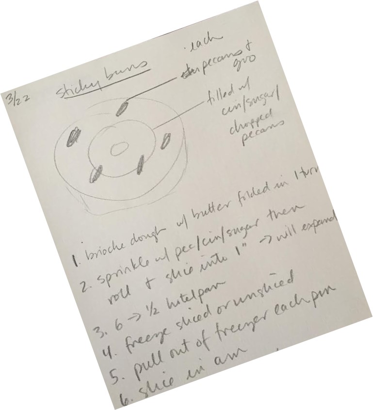 Chang’s original handwritten recipe for sticky buns, complete with diagrammed pecan placement.