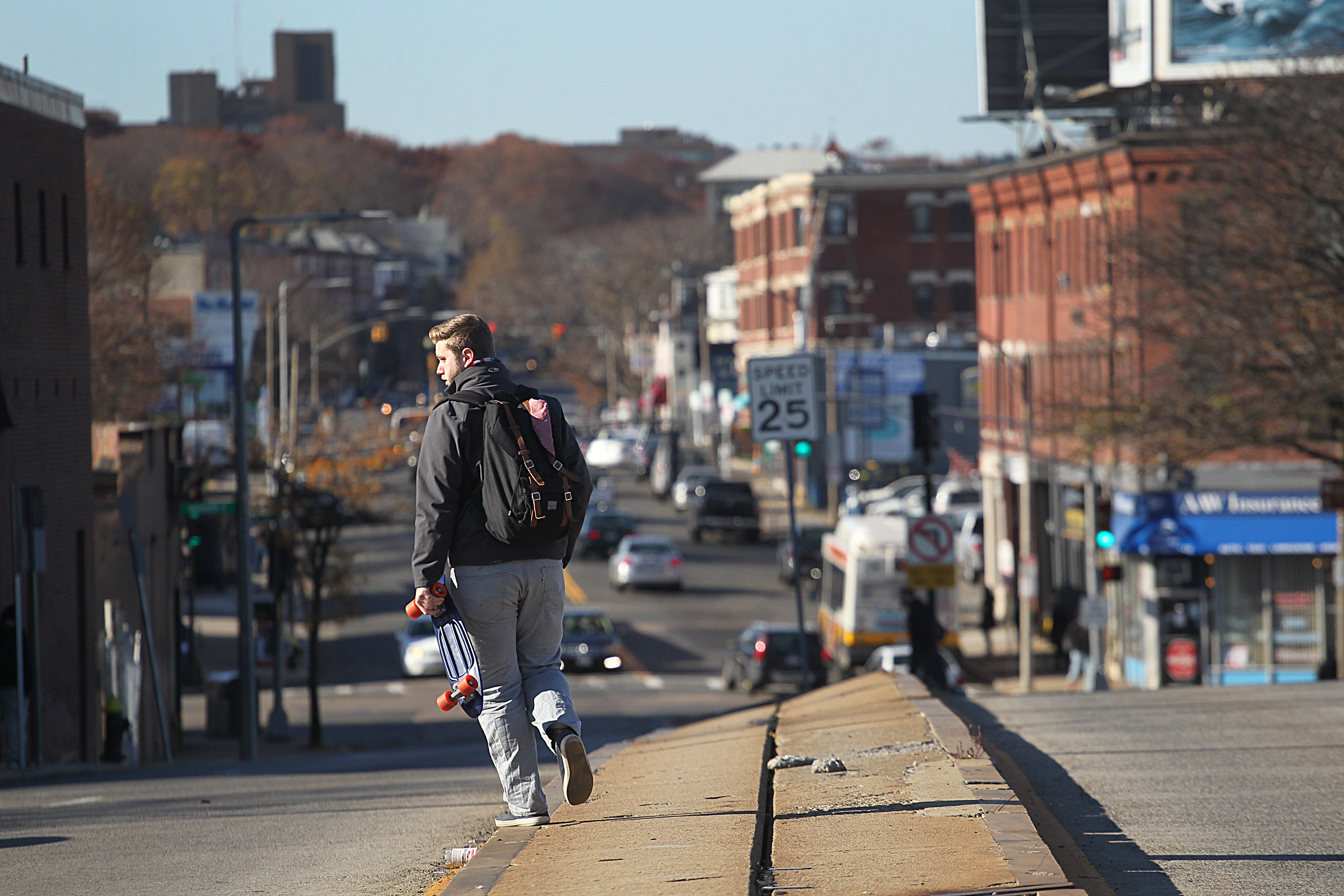 The median strip at the Cambridge Street overpass in Allston is uneven, adding to the unsafe conditions that pedestrians face.