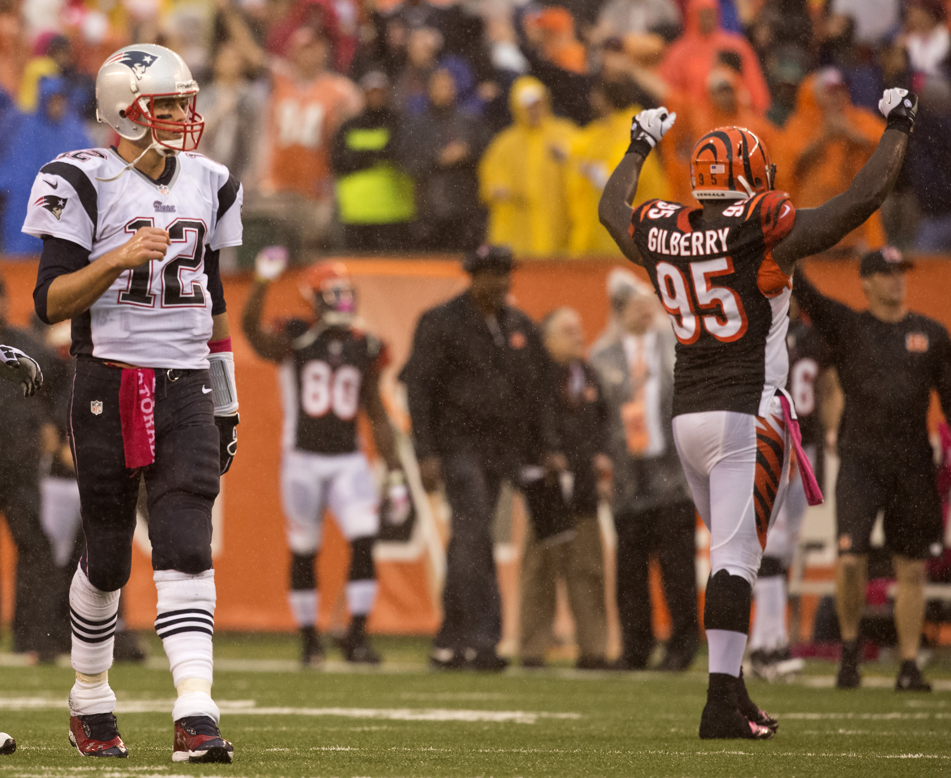 Tom Brady watched the Bengals celebrate after he threw an interception to Adam Jones at the goal line with seconds left in the game.