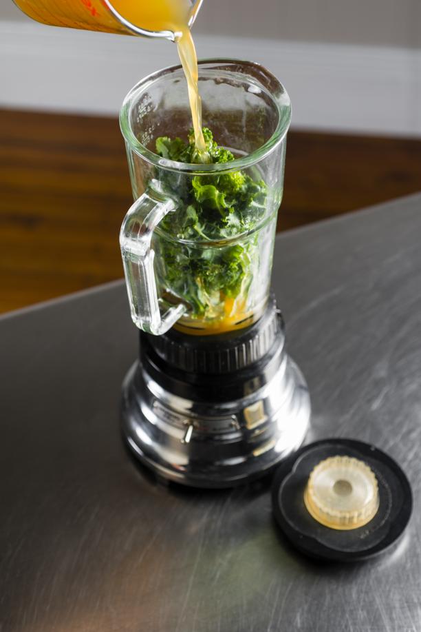 TIP: High-speed blenders like the Vitamix handle all the ingredients at once, but with most standard-issue blenders, it’s a good idea to chop the ice and greens with the liquid thoroughly before adding other ingredients.