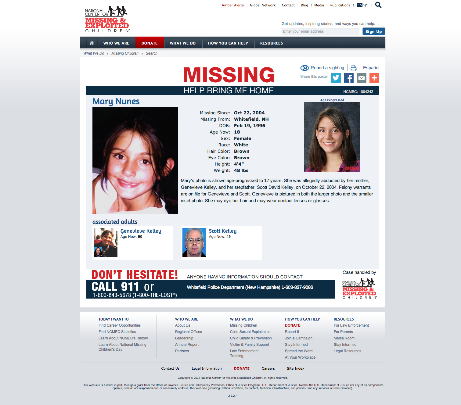 A screenshot of Mary Nunes' missing poster on missingkids.com.